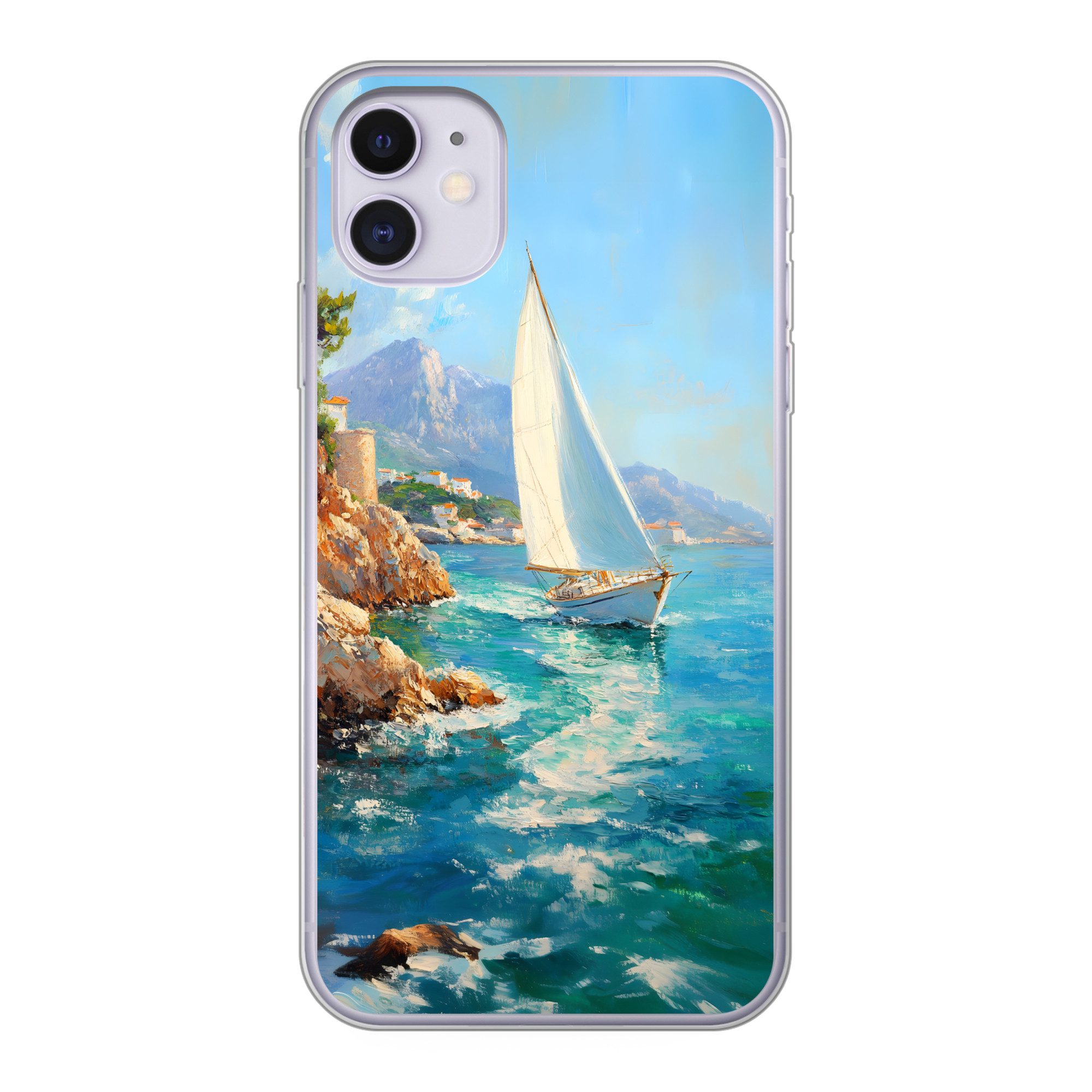 MuchoWow Handyhülle für Apple iPhone 11 Segelboot - Felsen - Küste - Häuser, Smartphone-Bumper, Print, Handy Schutzhülle Dünn
