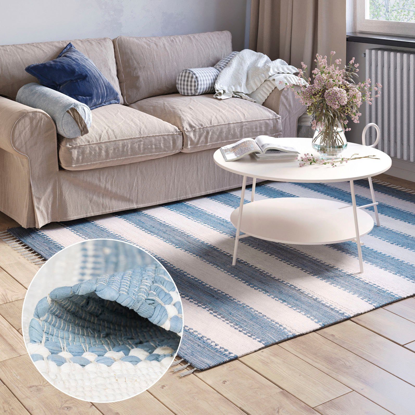 Myflair Möbel & Accessoires Teppich Karim, rechteckig, Höhe: 10 mm, Handweb Teppich, gestreift, 90% Baumwolle, handgewebt, mit Fransen