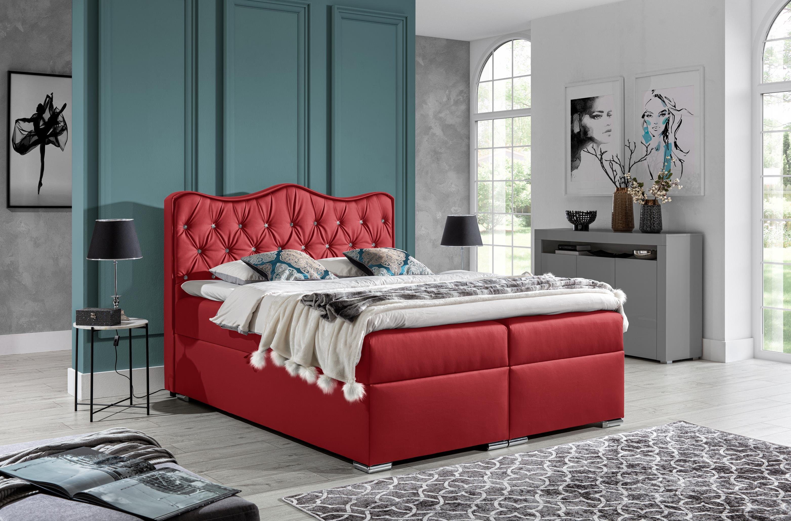 supergünstige Marken Furnix Boxspringbett TANSEL 120x200 Bett mit Bettkasten und veganes PU-Leder Rot Ökoleder, hochwertiges Topper