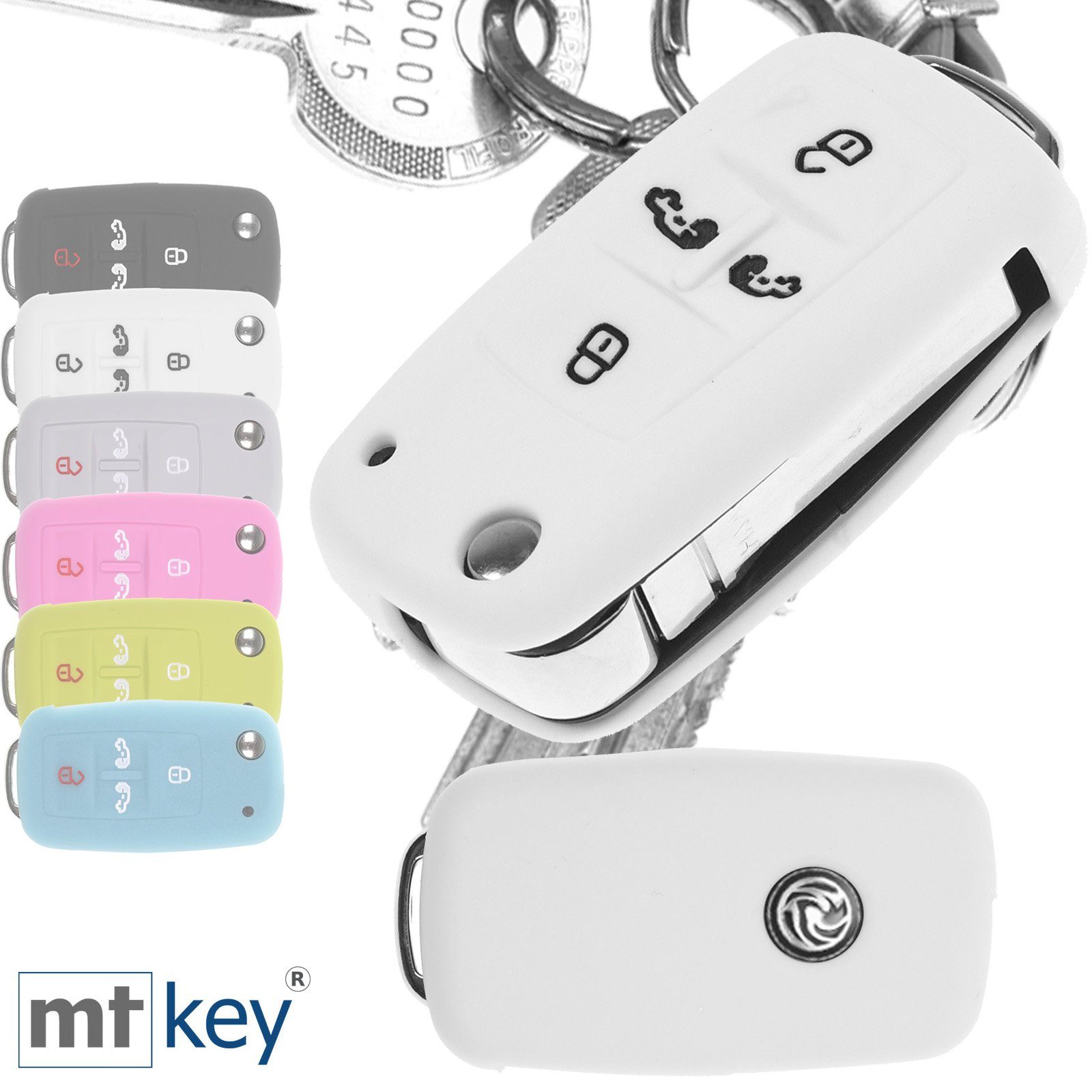 mt-key Schlüsseltasche Autoschlüssel Softcase Silikon Schutzhülle im Wabe Design Weiß, für VW Multivan Sharan T5 T6 Caddy Seat Alhambra 4 Tasten Schlüssel
