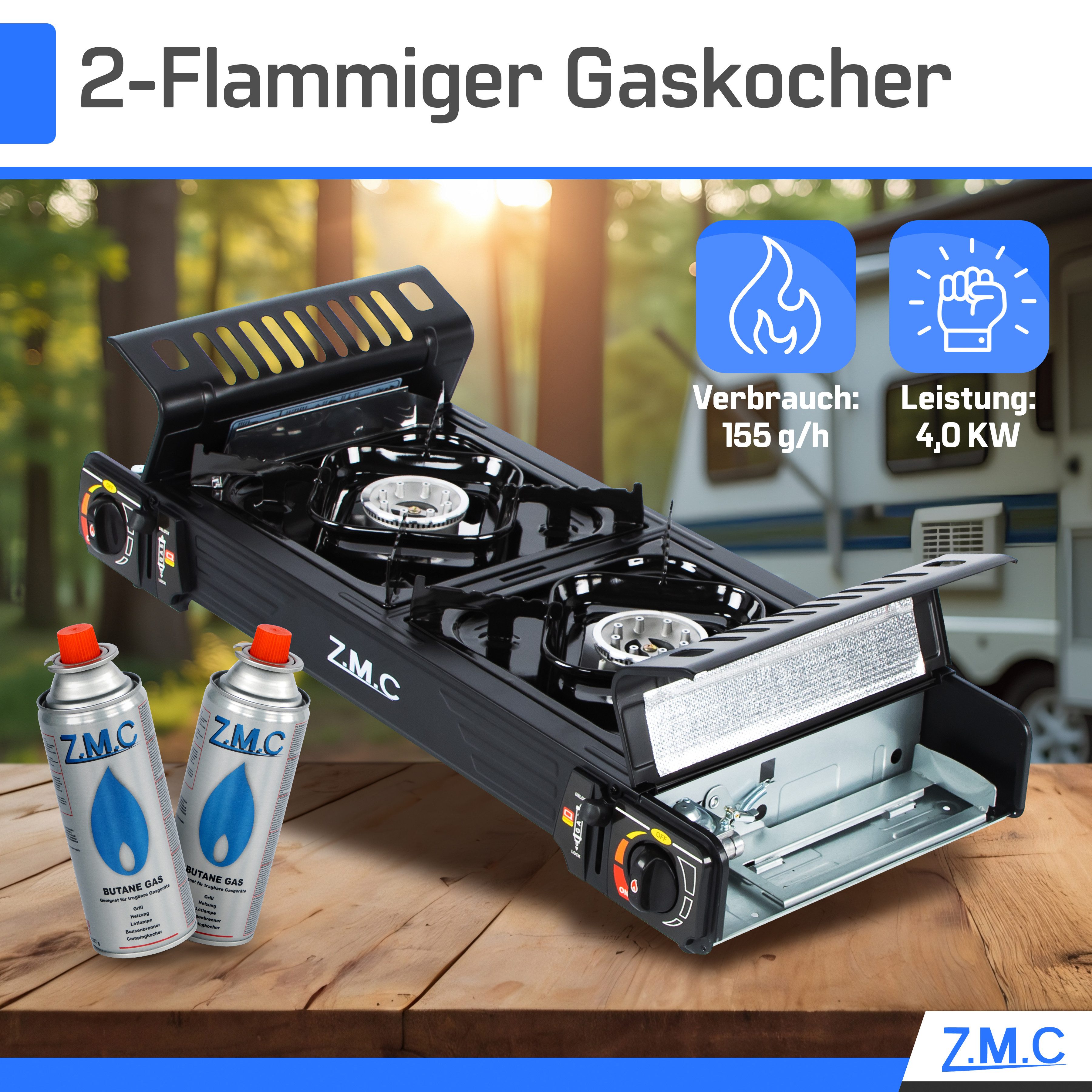 ZMC Gaskocher PREMIUM Butan Gaskocher Campingkocher 2-flammig + Gaskartuschen 227g, (Doppel Kartuschenkocher mit Zündsicherung, mit Piezozündung, Wärmeleistung: – Bild 4 von 5