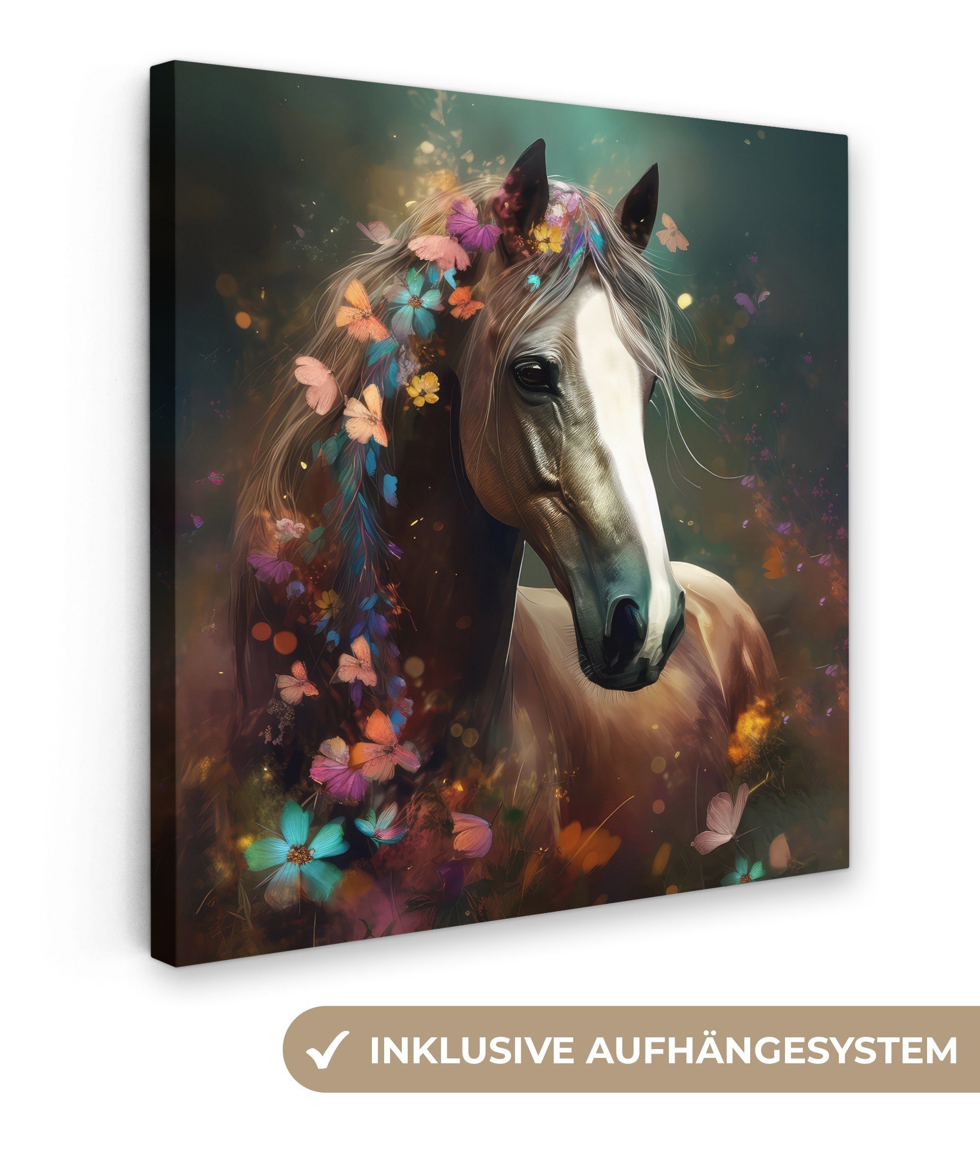 OneMillionCanvasses® Leinwandbild Tiere - Pferd - Natur - Schmetterling - Blumen, (1 St), Leinwand Bilder für Wohnzimmer Schlafzimmer, 20x20 cm
