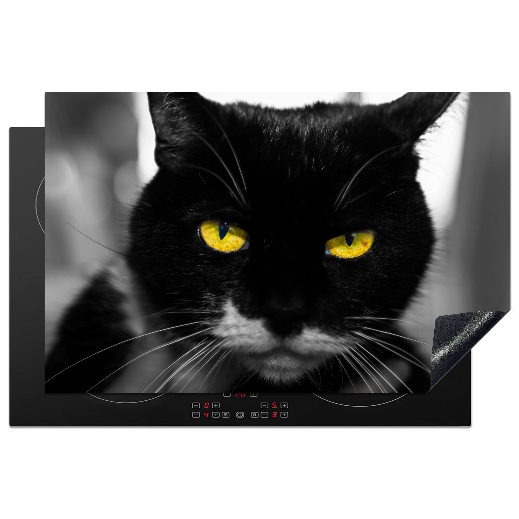 MuchoWow Herdblende-/Abdeckplatte Schwarz-Weiß-Foto des Kopfes einer schwarzen Katze mit gelben Augen, Vinyl, (1 tlg), 81x52 cm, Induktionskochfeld Schutz für die küche, Ceranfeldabdeckung