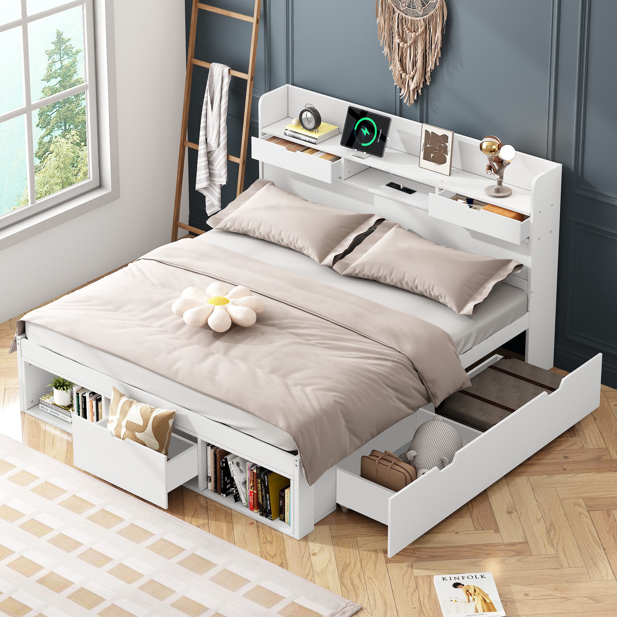 Odikalo Stauraumbett Doppelbett Jugendbett mit USB,Schublade,Stauschrank (140x190 140x200 180x200 cm, Mit USB-port & Schubladen & Stauschrank, Kinderbett, Jugendbett, Multifunktionales Bett, Großer Stauraum, ohne Matratze, weiß)
