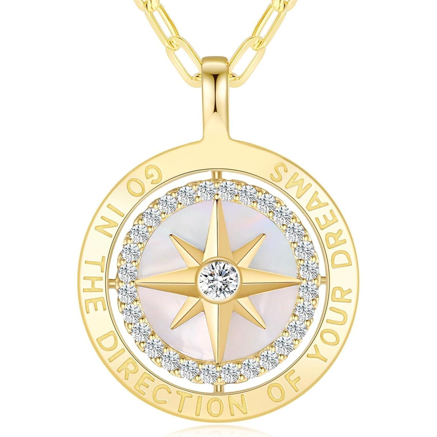 Kette mit Anhänger Halskette Damen Silber 925 Kompass Anhänger Zirkon Vergoldet-04-Apr