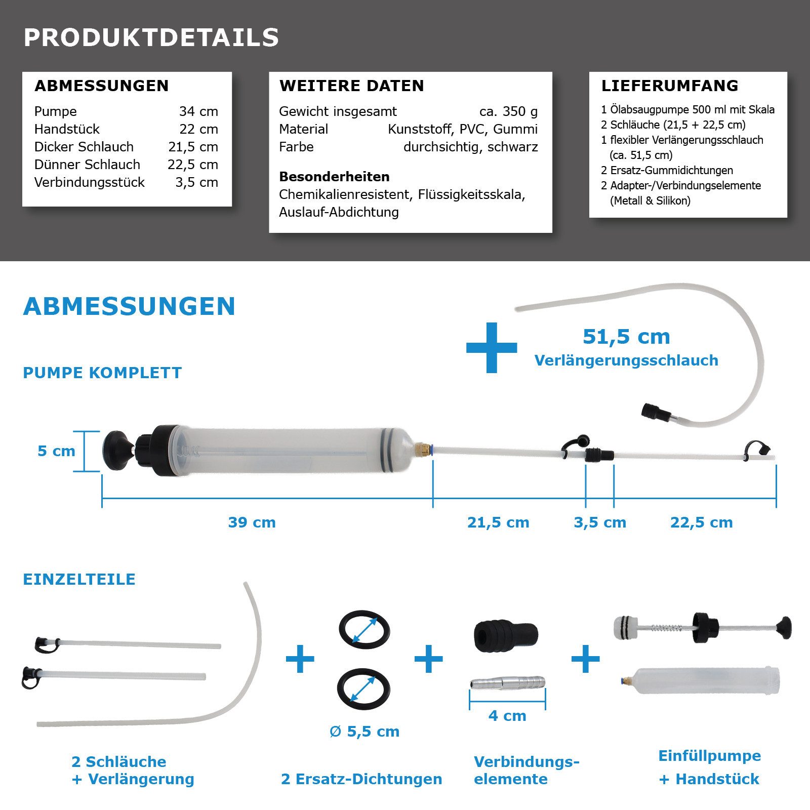 Bituxx Ölabsaugpumpe Öl Einfüllpumpe 500ml (MS-19587, 8-tlg) – Bild 3 von 5