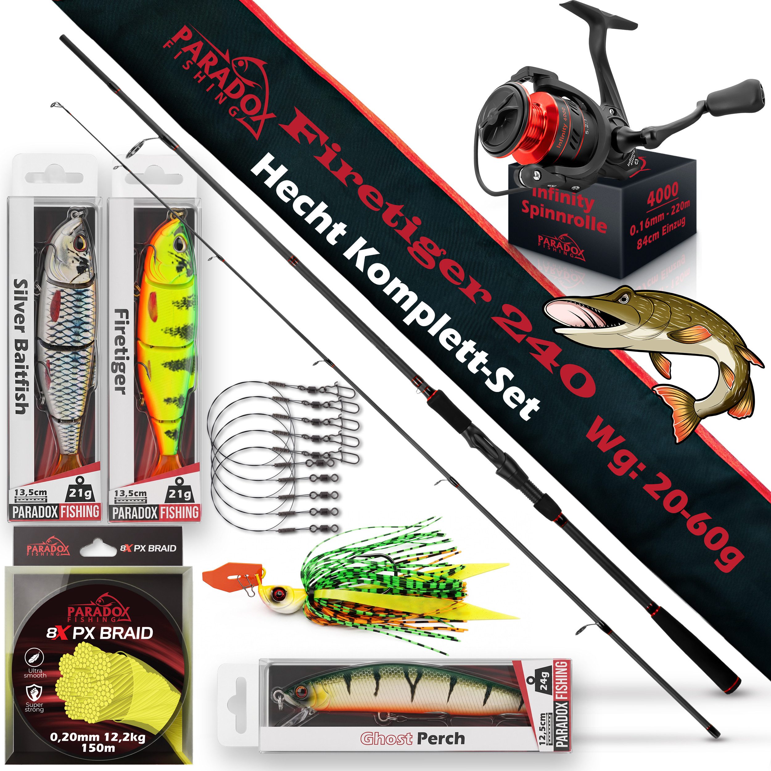 Paradox Fishing Spinnrute Hecht Komplett Set Firetiger Spinnrute 20-60g + 4000 Infinity Rolle, (Set, Rute + 4000 Rolle + Köderset), Komplett-Starterset