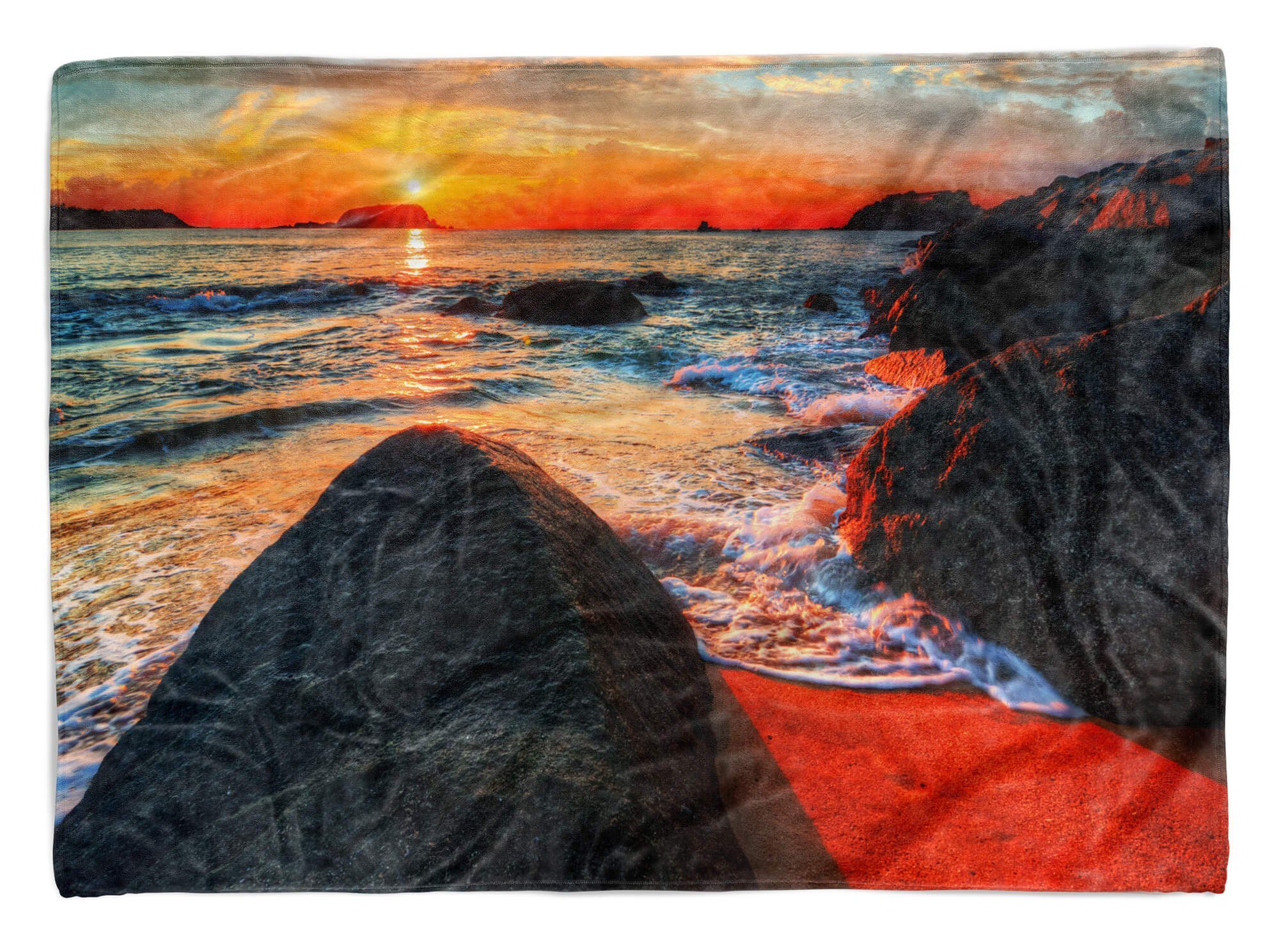 Sinus Art Handtücher Handtuch Strandhandtuch Saunatuch Kuscheldecke mit Fotomotiv Felsen Meer Sonnen, Baumwolle-Polyester-Mix (1-St), Handtuch