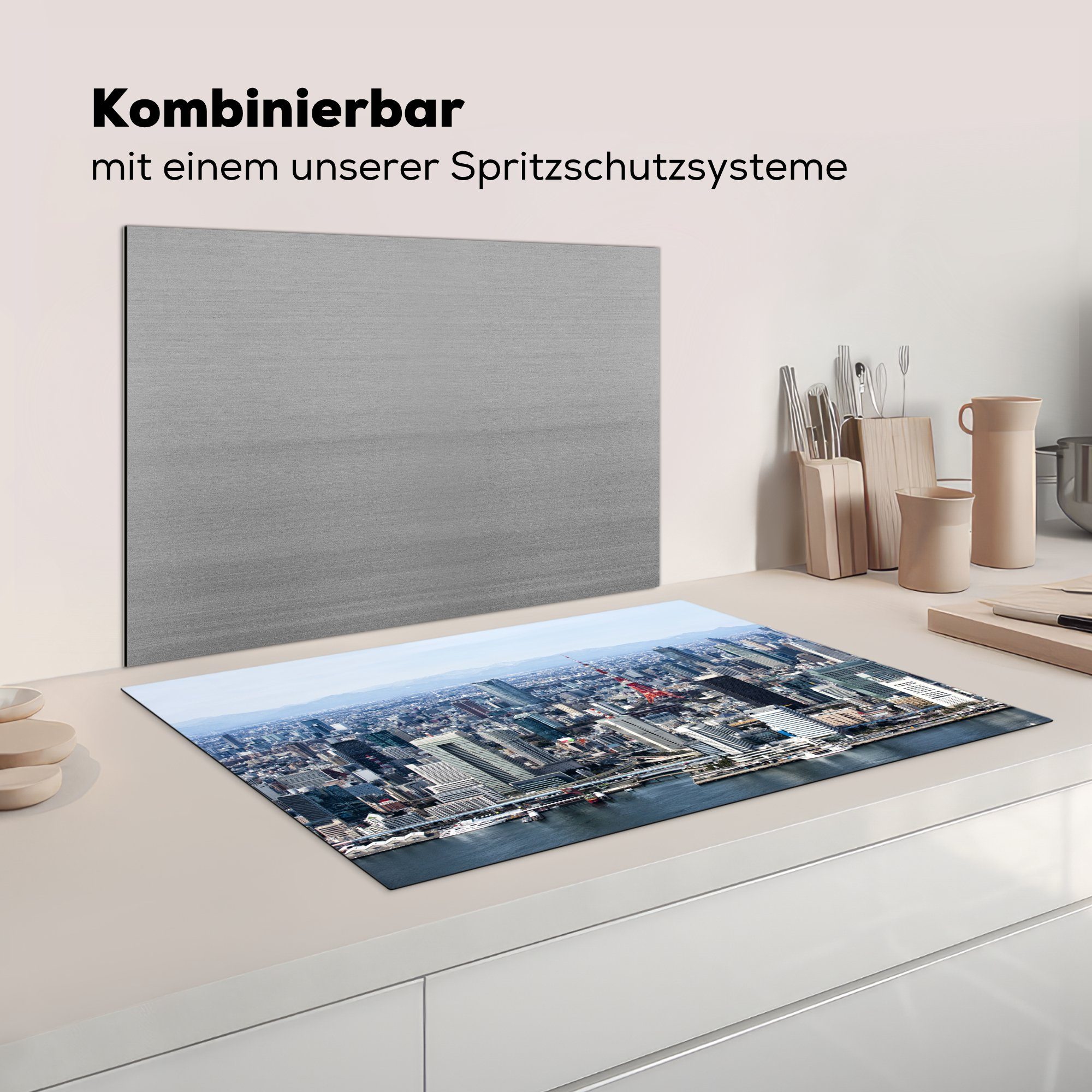 Ceranfeldabdeckung (1 - Skyline, küche, cm, Herdblende-/Abdeckplatte 81x52 Stadt Tokio MuchoWow die Vinyl, Induktionskochfeld für tlg), - Schutz