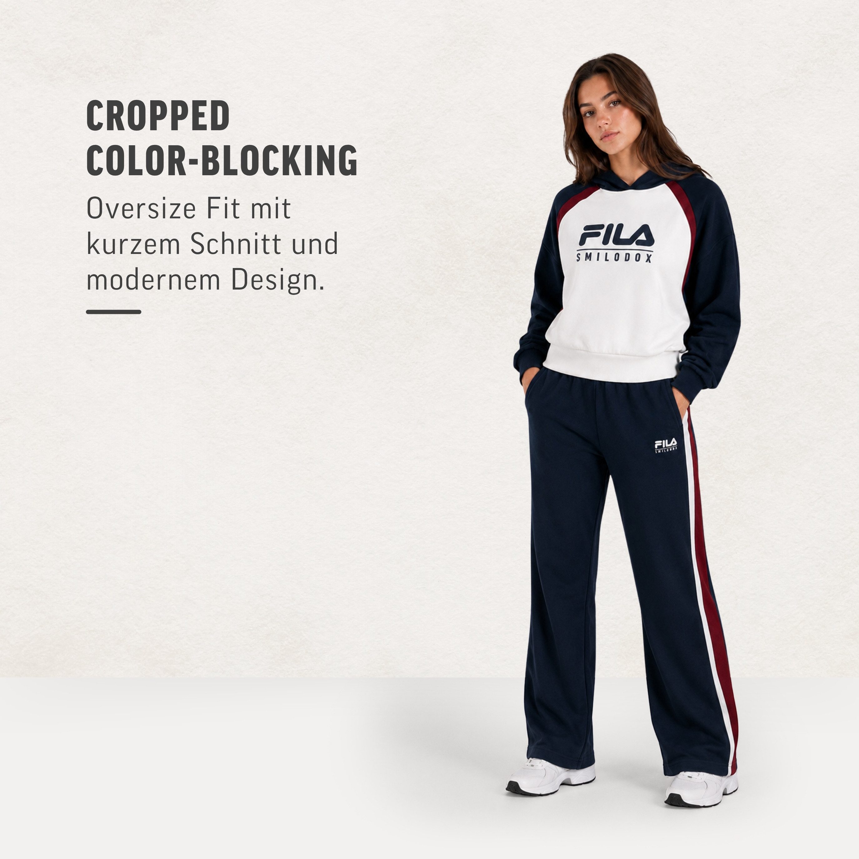 Smilodox Hoodie Ardea Damen, Fila, Pullover mit Kapuze, Oversize, Baumwolle FILA Kollaboration, Color Block, Cropped, Urban Style, Gym & Sport