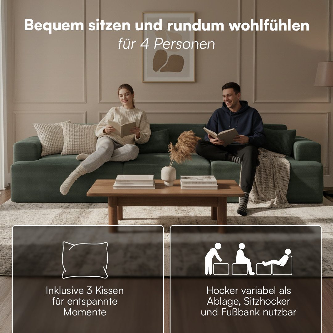 skølm Sofa Freki aus Cord, Vollschaumcouch mit Federkern und Vakuum-Kompression, Dunkelgrün, Couch 3 Sitzer mit 3 Kissen, kein Aufbau erforderlich