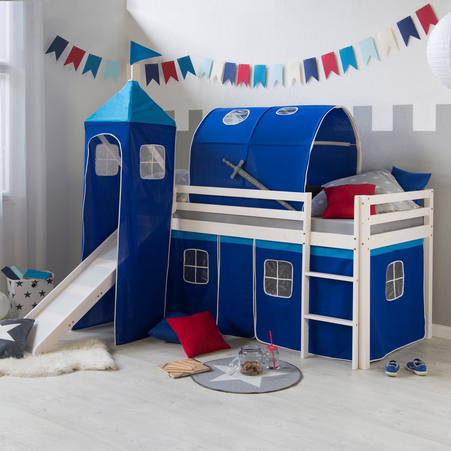 Homestyle4u Hochbett Spielbett Kinderbett Rutsche Turm Vorhang blau  (Bettvorhang waschbar bei 30 Grad Maschinenwäsche)