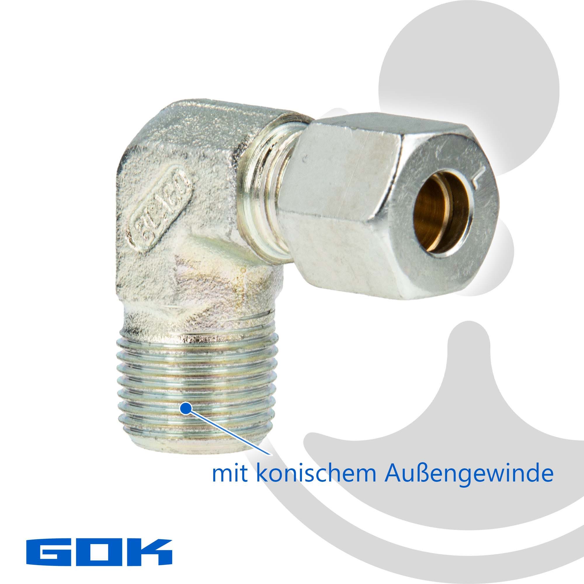 Thumbnail - GOK Wasserrohr Schneidringverschraubung Typ WERK - 90° Winkel, R 1/2 Zoll AG x Ø 8 mm Schneidring Messing
