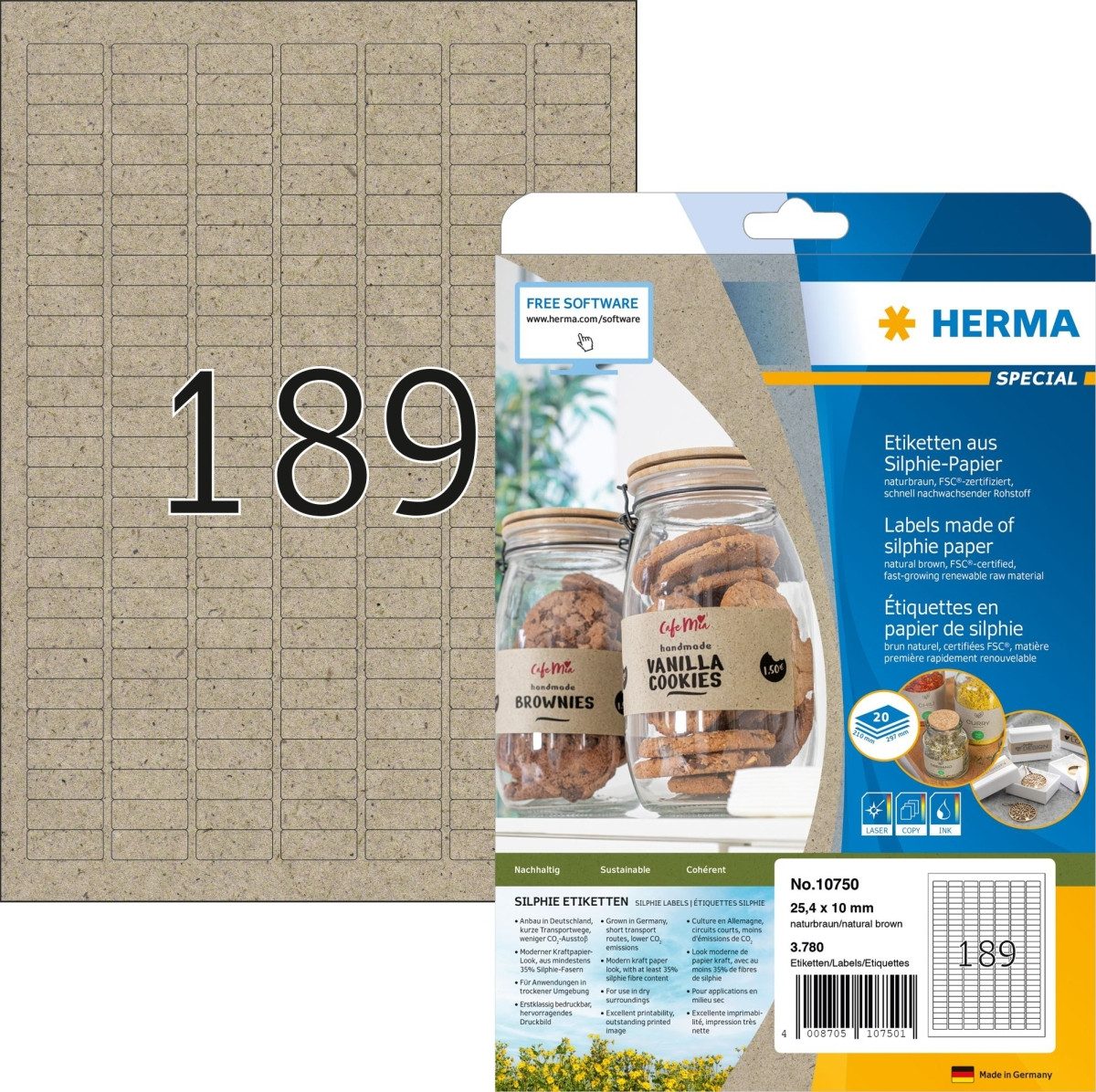 HERMA Etiketten Etiketten Silphie-Papier A4 25,4x10mm naturbraun VE=20 Blatt/3780 Stüc