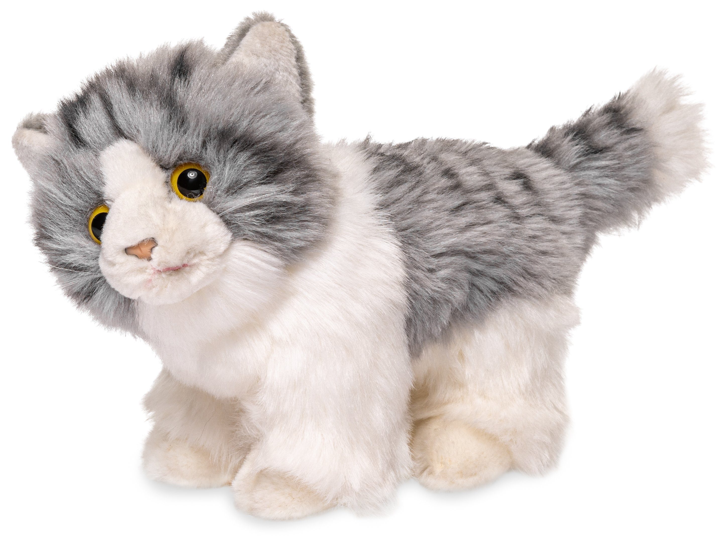 Uni-Toys Kuscheltier Kätzchen, stehend - versch. Farben - 18 cm - Plüsch-Katze, Plüschtier, zu 100 % recyceltes Füllmaterial grau-weiß