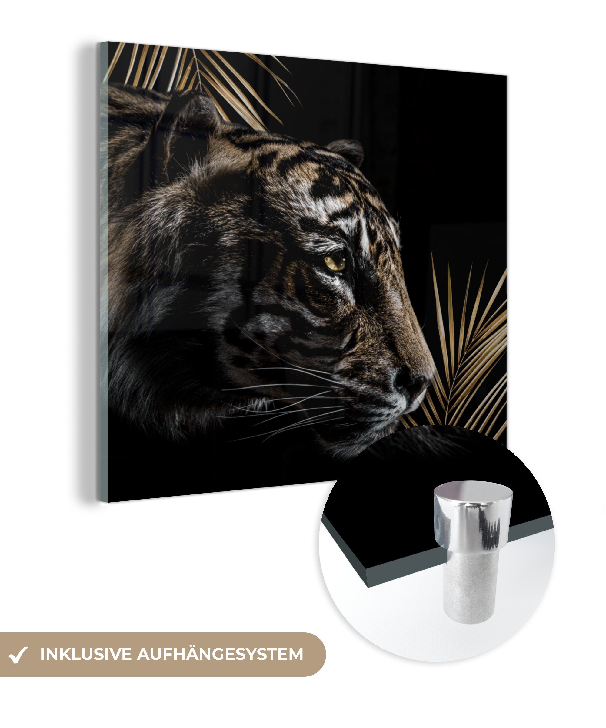 MuchoWow Acrylglasbild Tiger - Farn - Schwarz, (1 St), Glasbilder - Bilder auf Glas Wandbild - Foto auf Glas - Wanddekoration