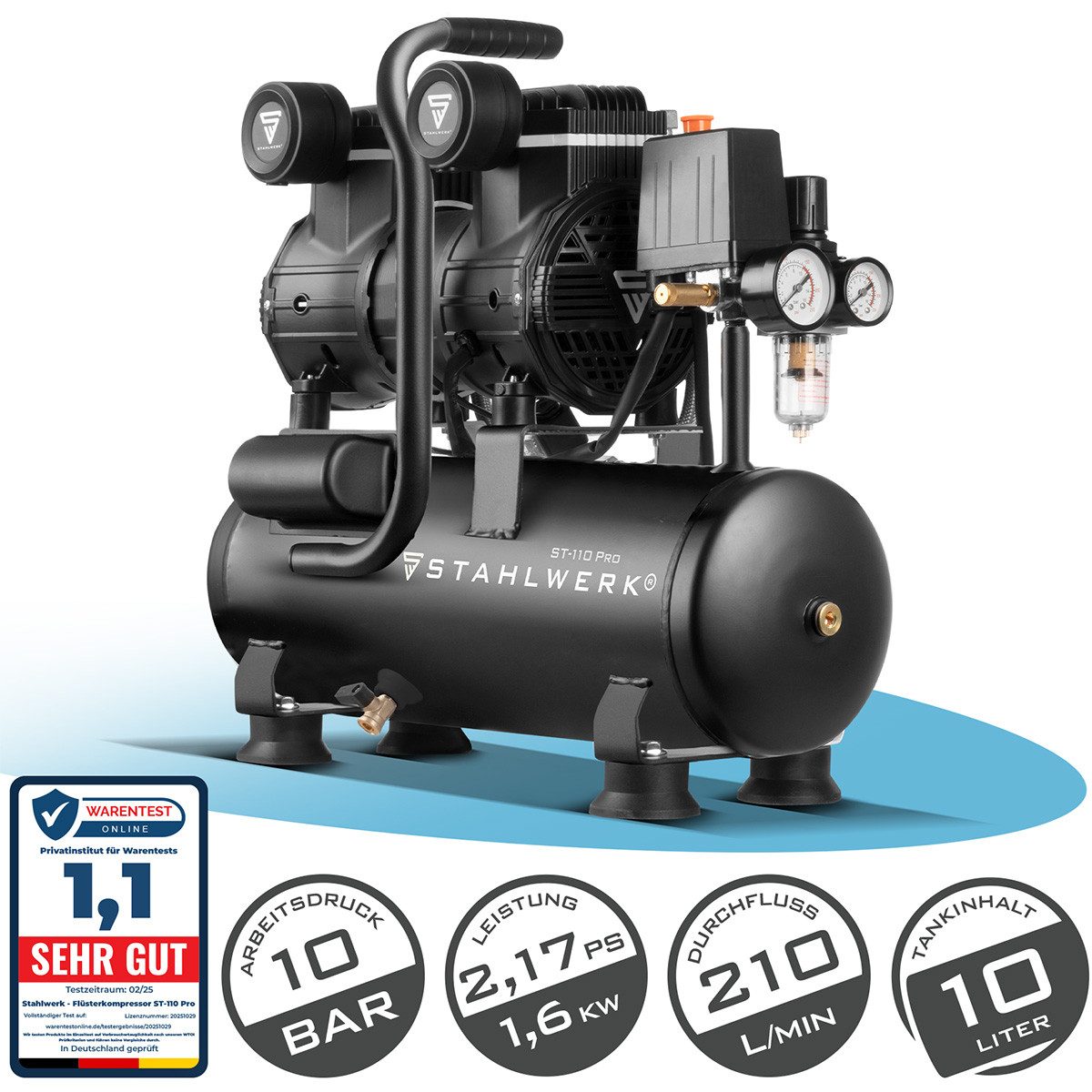 STAHLWERK Kompressor Kompressor ST-110 Pro mit 10 bar 2,1 PS 1,6 kW, 1600 W, max. 10 bar, 10 l, Gerät, 1-tlg., Einzelgerät, Flüster-Kompressor mit Brushless-Motoren
