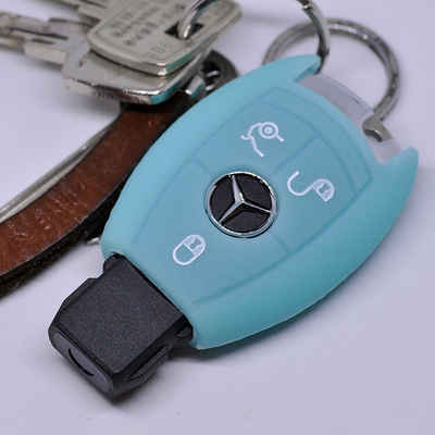 mt-key Schlüsseltasche Autoschlüssel Softcase Silikon Schutzhülle fluoreszierend Blau, für Mercedes Benz W212 S212 C207 A207 CLS CLA 117 W242 W246 W176 W221