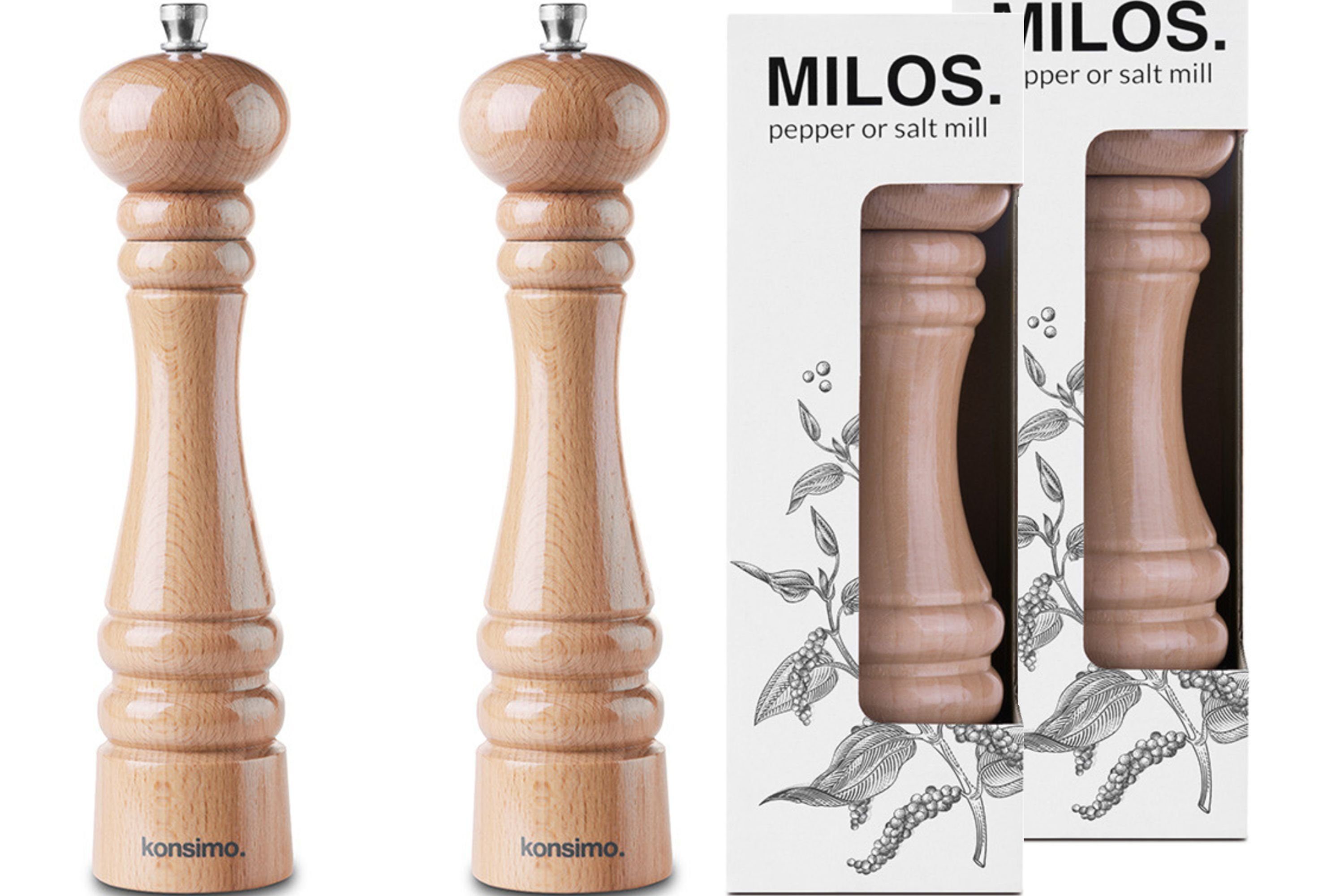 Konsimo Salz-/Pfeffermühle MILOS Gewürzmühlen cm manuell, Stück), Pfeffermühlen 24 Buche Design modernes Holz, (2 Salzmühlen