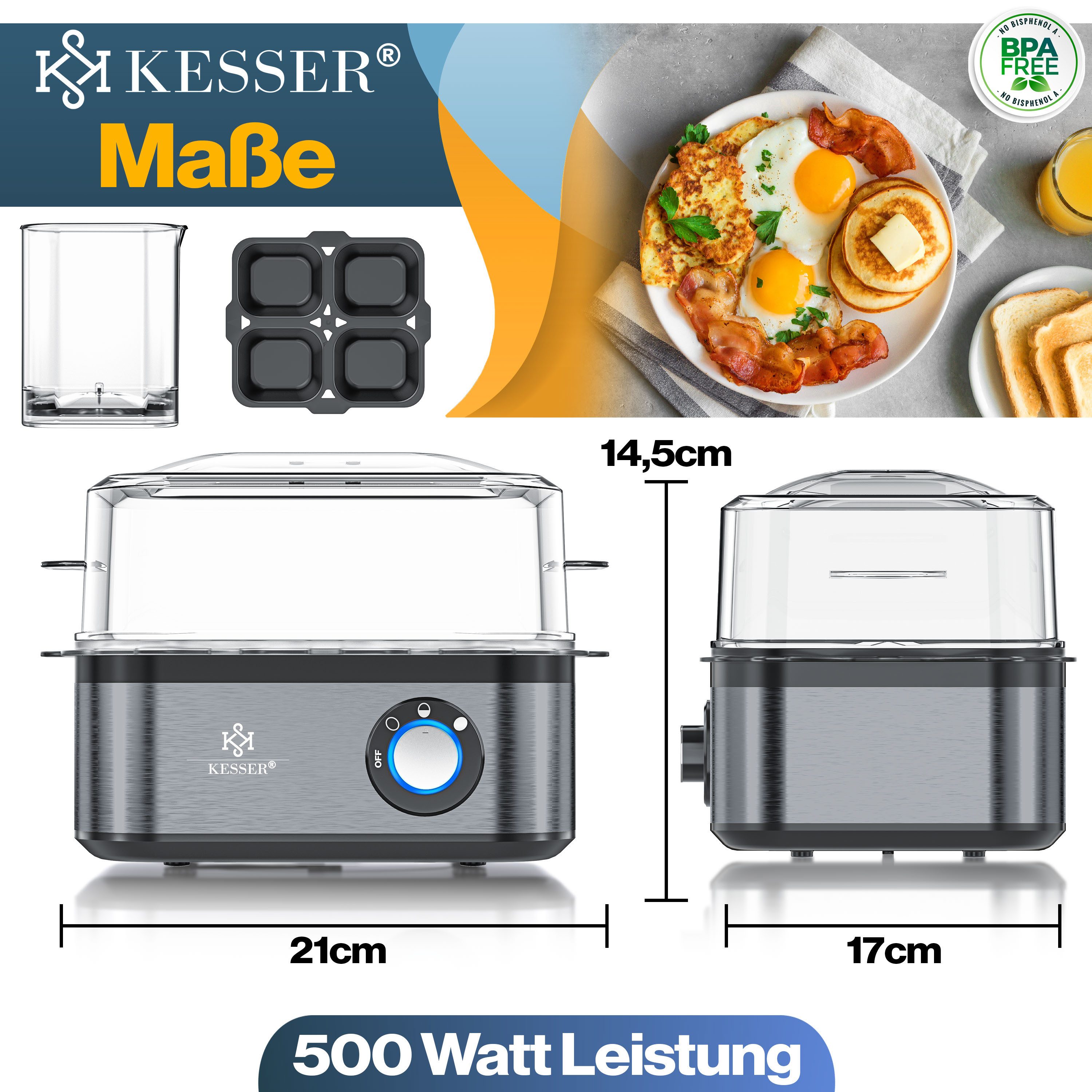 KESSER Eierkocher inkl. Messbecher mit Eipick und Omlettschalen, Bis 8 Eier, 500 W, Warmhaltefunktion, drei Härtegrade