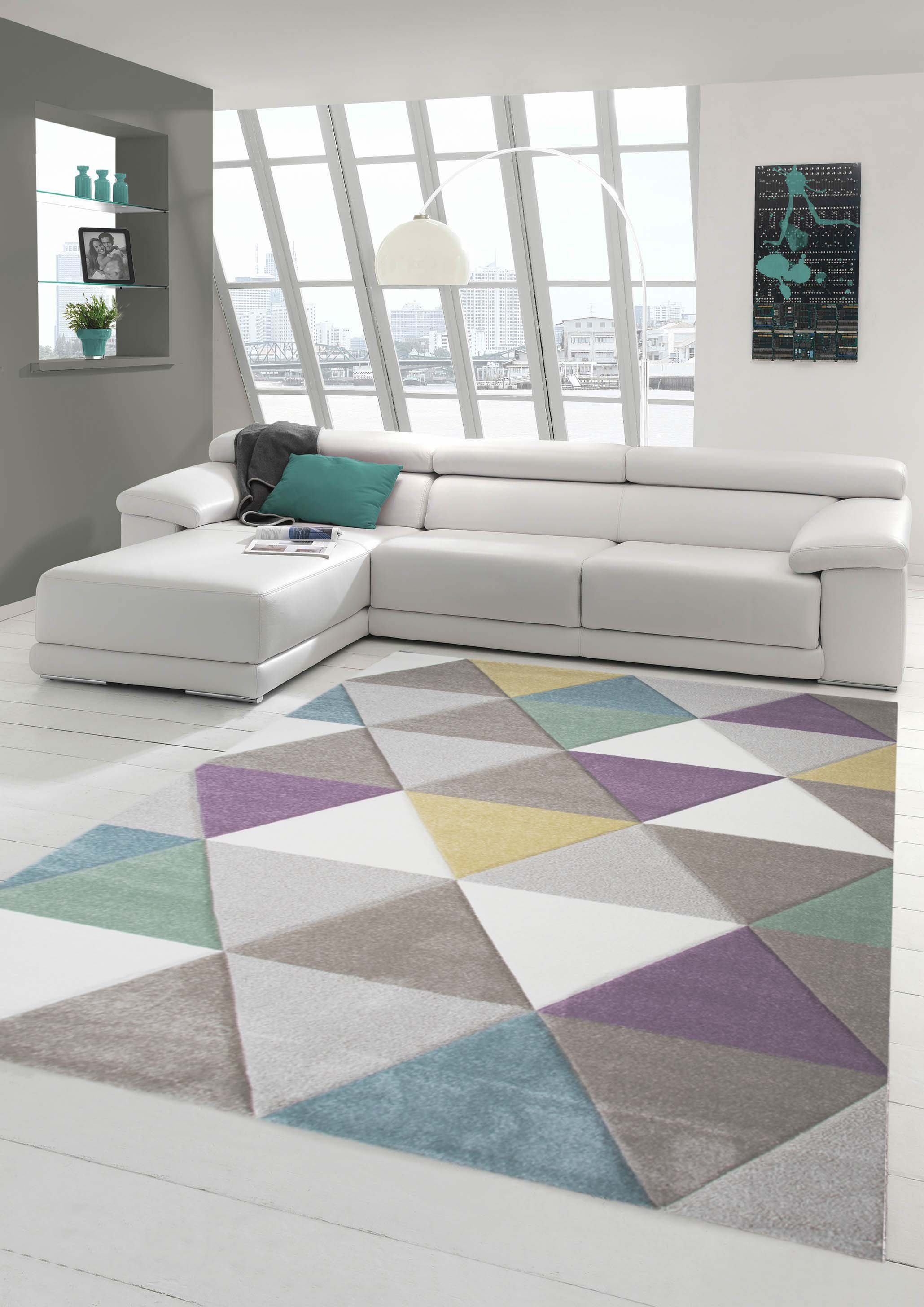 Teppich Designer Teppich Moderner Teppich Wohnzimmer Teppich Raute Kurzflor Teppich mit Konturenschnitt Dreieck Muster mit Pastellfarben Bunt Türkis Lila Senfgelb Grün Creme Beige, Teppich-Traum, rechteckig, Höhe: 13 mm