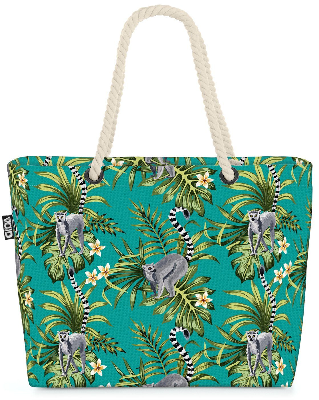 VOID Strandtasche (1-tlg), Tropische Lemuren Hibiskus Beach Bag Blumen-Muster Tier-Muster Palmen-Blätter