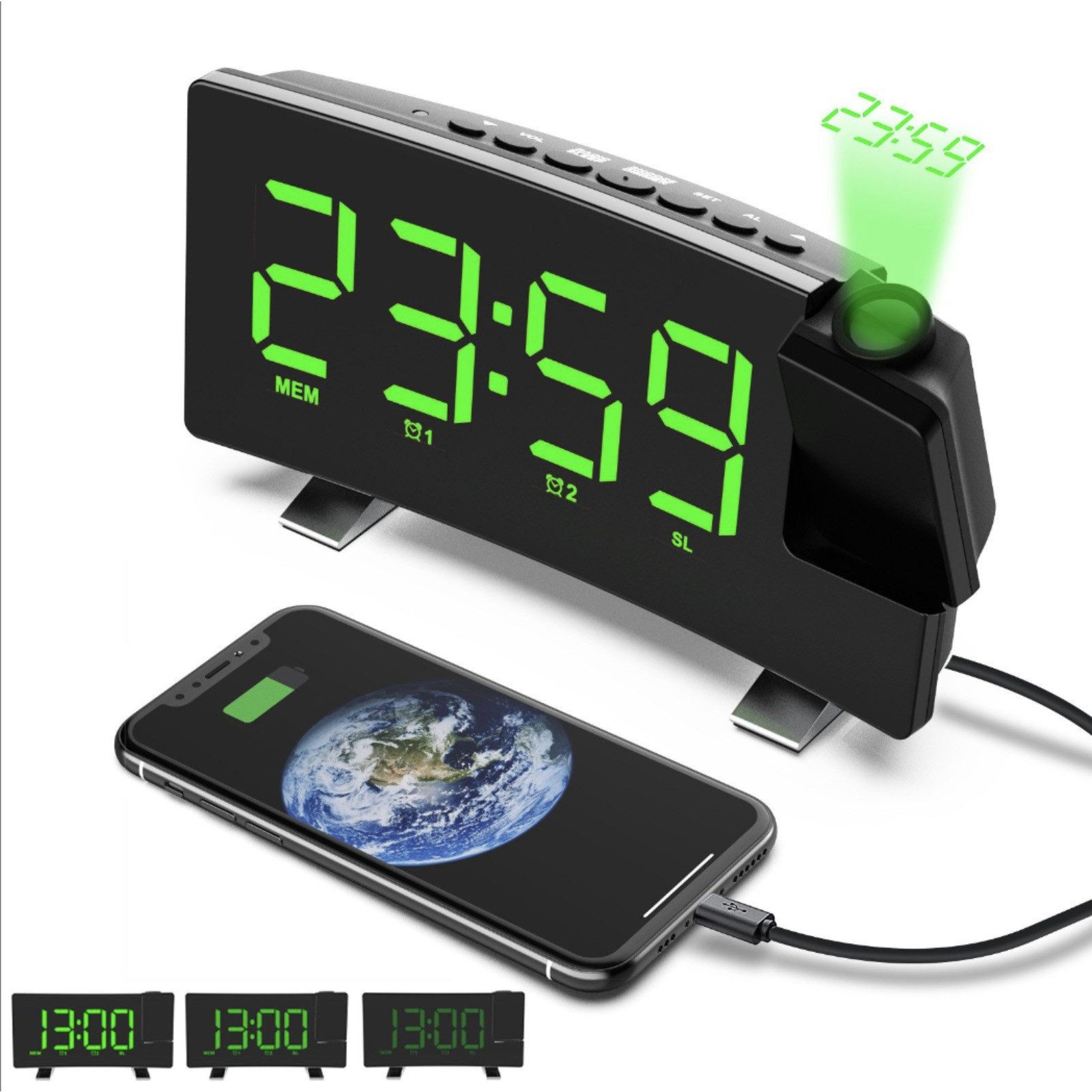 REDOM Проекционный будильник Digitaler Projektionsradiowecker Funk-Projektionswecker Projektionsuhr mit Akku automatischer Helligkeitsanpassung LED-Display 180° drehbar