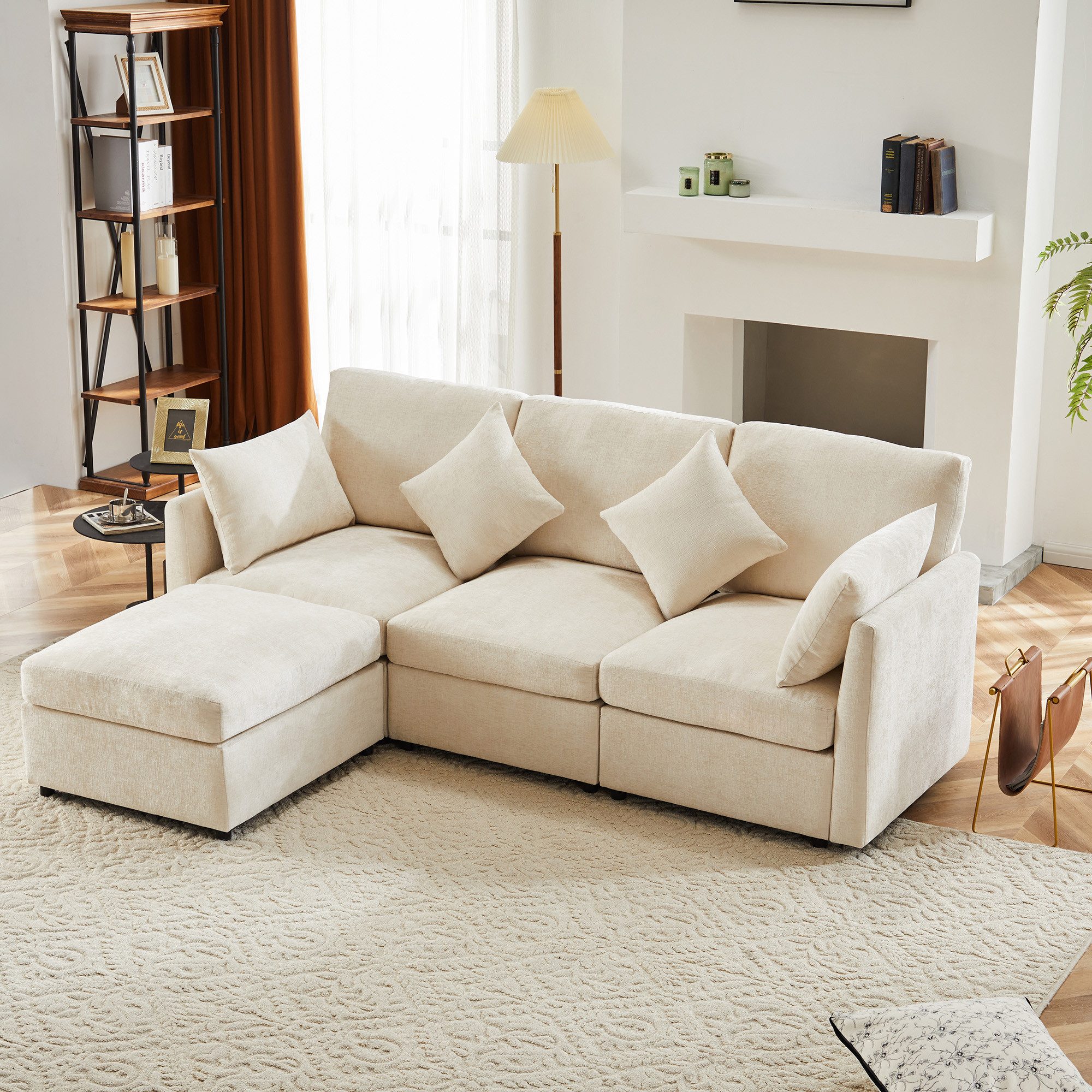 SOFTWEARY Ecksofa L-Form, mit Hocker, Zier- und Armlehnenkissen, Chenille