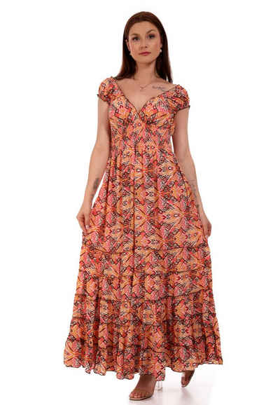 YC Fashion & Style Maxikleid Damen Maxikleid Bohemian Kleid mit Carmen Ausschnitt (1-tlg) bequem zu tragen, mit kurzen Ärmel, mit floralem Druck