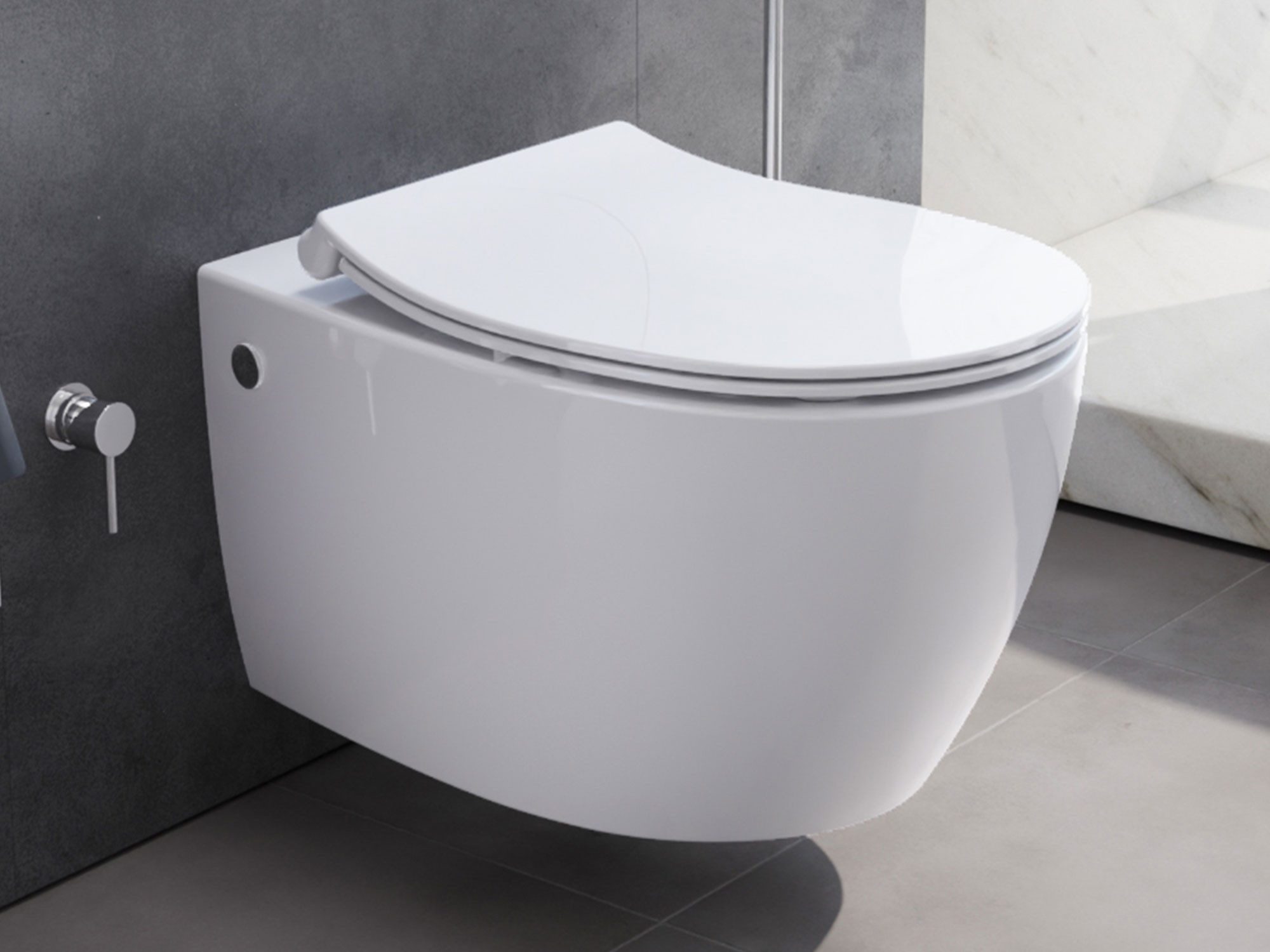 Aqua Bagno Dusch-WC mit Softclose WC-Sitz Tiefspül-WC spülrandloses WC Taharat, wandhängend, Abgang waagerecht, WC-Set
