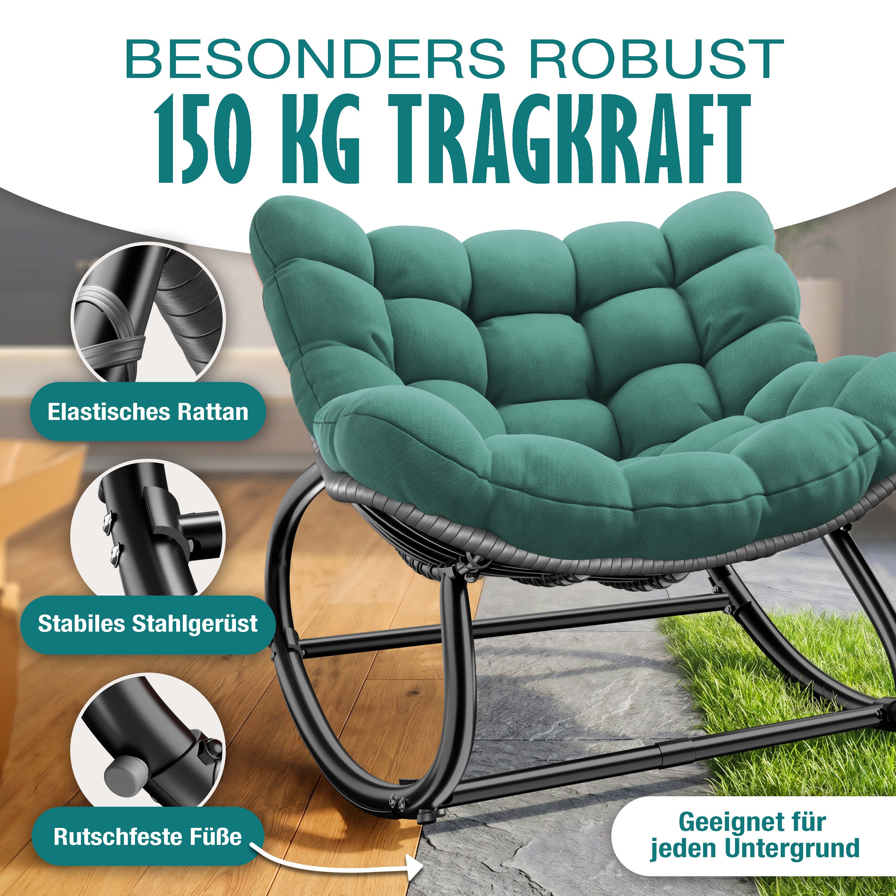 KESSER Schaukelstuhl (maximale Belastung 120kg, witterungsbeständig & mit rutschfesten Füßen), Loungesessel ergonomisches Relaxsessel für Balkon, Garten & Wohnz – Bild 5 von 5
