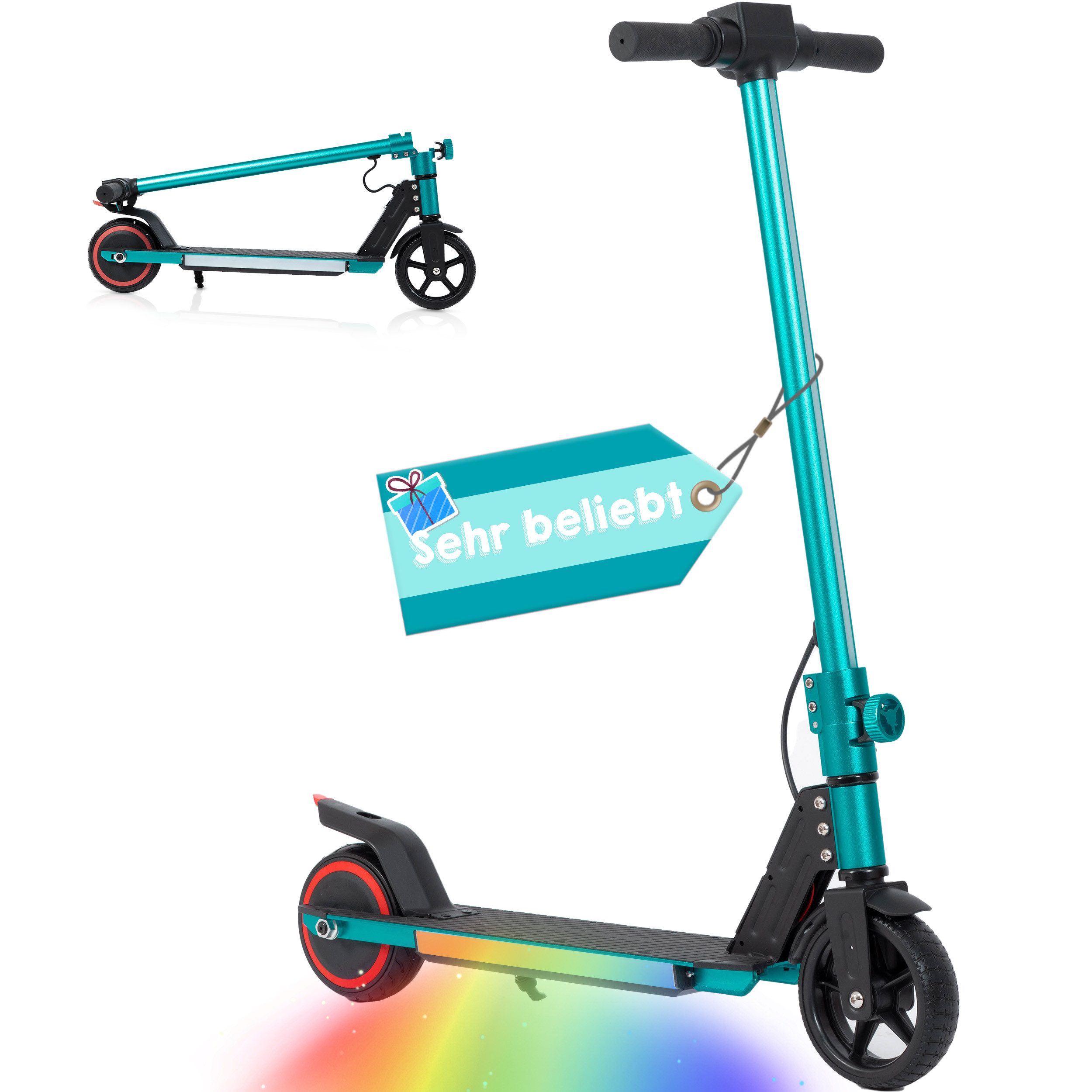 Vankel Elektro-Kinderroller klappbar, Lenksäulenlicht, mit Haken, EBS + Fußbremse, 6–15 Jahre, 150W Motor, 5–9 km Reichweite, 50kg Traglast, Vollgummireifen