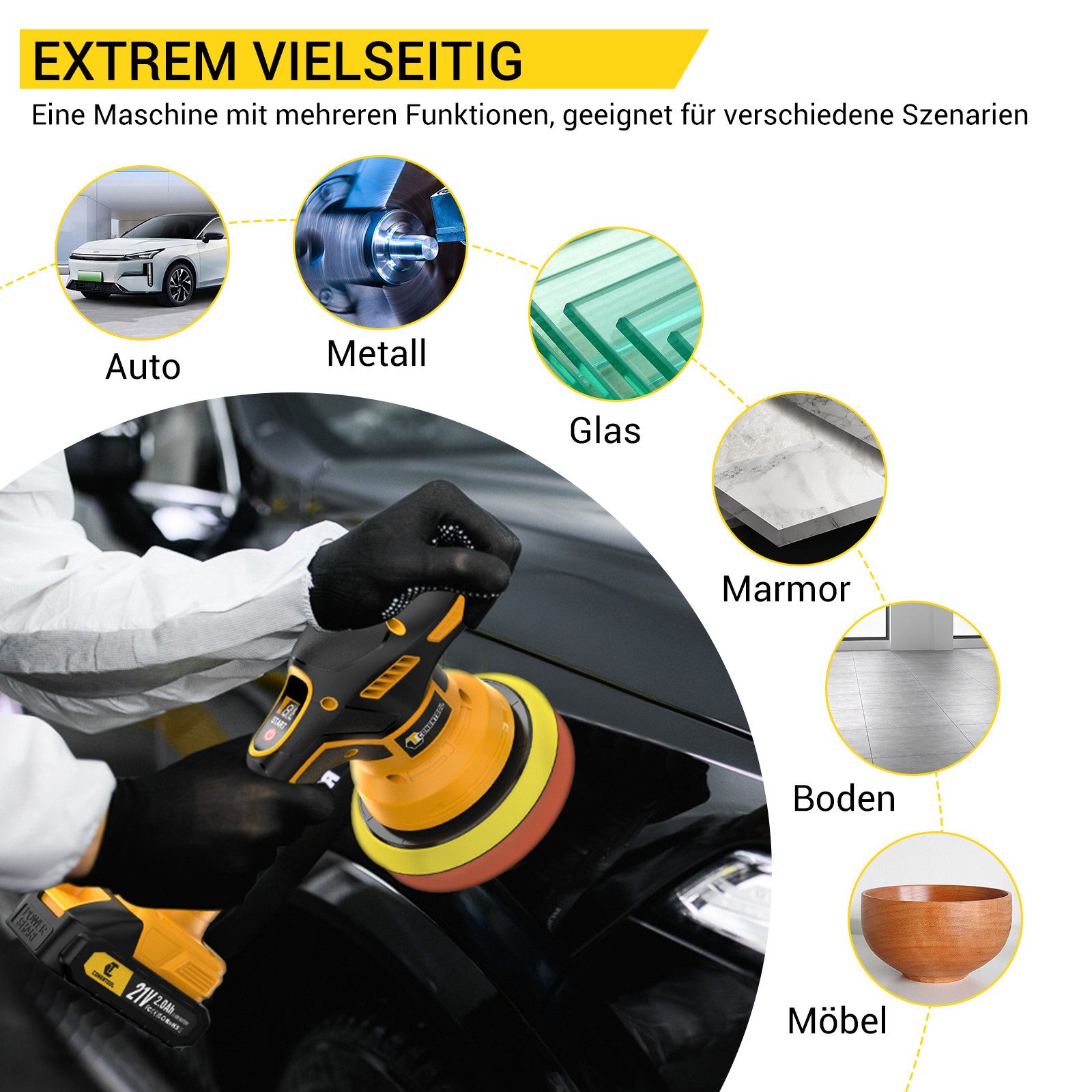 CONENTOOL Cordless Polisher, 6-inch, 8-Speed ​​Settings, 2500 min. RPM, 5000 max. RPM, Multifunctional Cleaning & Polishing Machine for Cars, Furniture & More