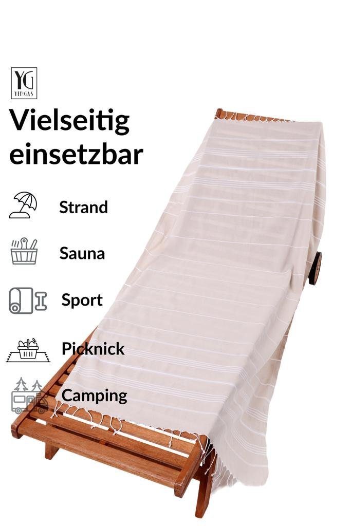 95x175cm, & YENGAS & schnelltrocknend, leicht platzsparend Hamamtuch, Saunatuch, Strandtuch, Peshtemal, 100% beige Baumwolle