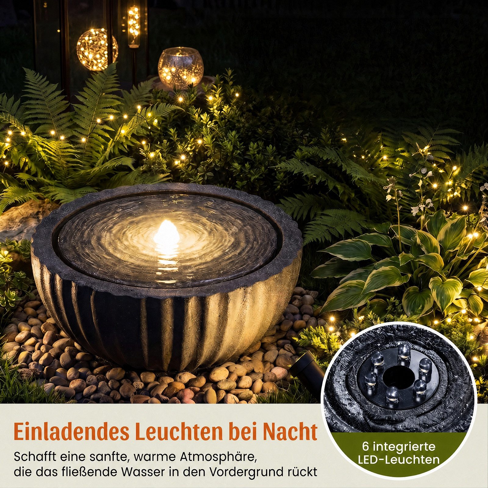 KOMFOTTEU Zimmerbrunnen dekorativer Wasserbrunnen Springbrunnen, mit LED-Licht & Pumpe