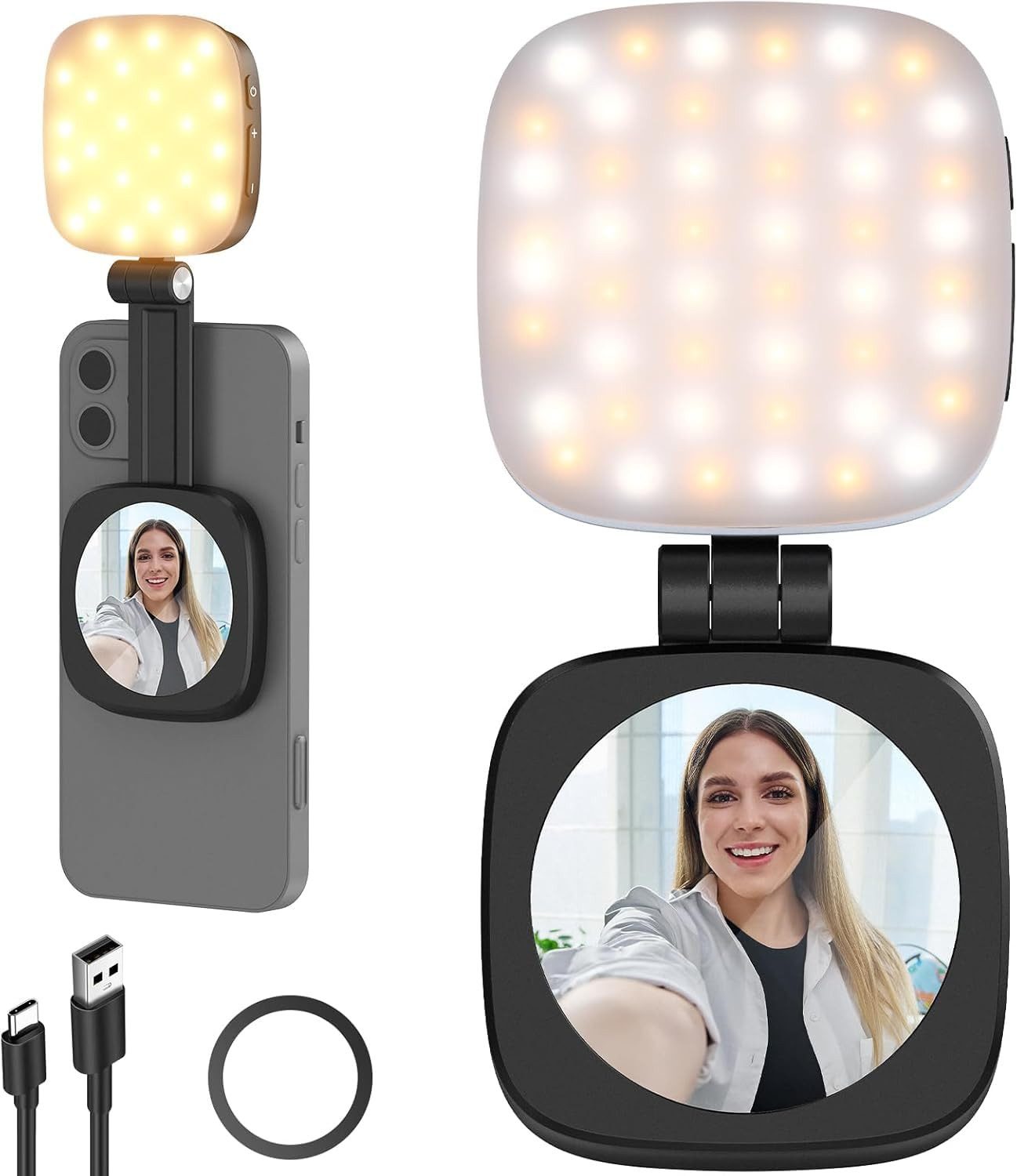 Neewer Videoleuchte NL48B Magnetisches Selfie Licht für iPhone MagSafe, faltbar, faltbar, mit Ständer/Spiegel, CRI95, 700lx/0,3m, für Zoom Make up
