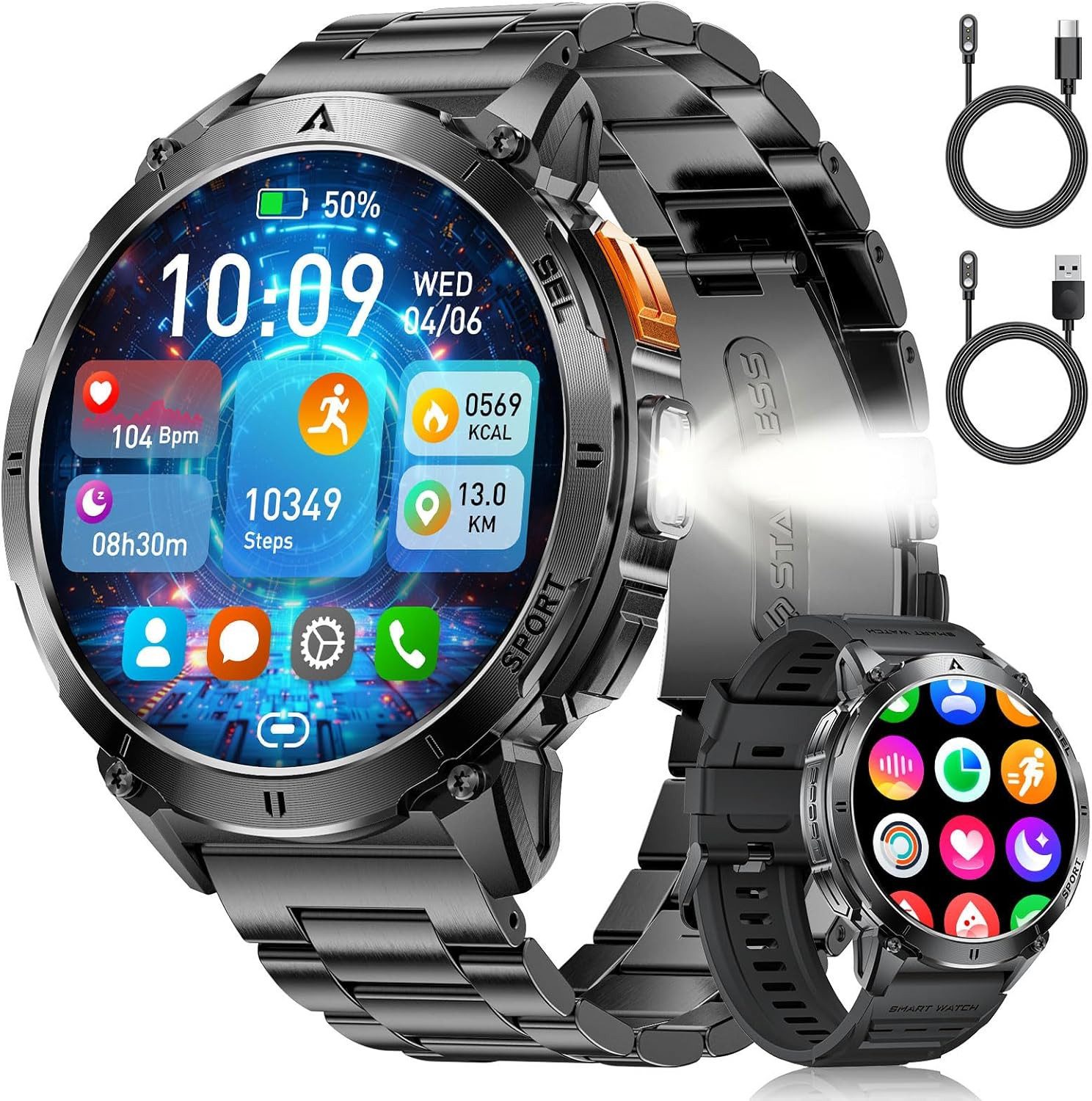 Lige 730mAh Akku IP68 Wasserdicht / Robust Herren's Fitness Tracker Smartwatch (4,1 cm/1,62 Zoll, Android iOS), mit SpO2/Herzfrequenz/Schlafmonitor 100+ Sportmodi AMOLED Display