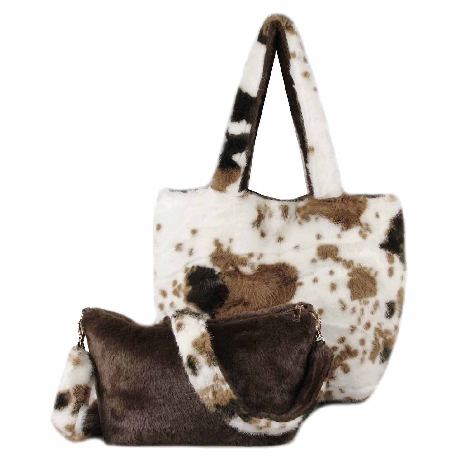 ITALYSHOP24 Schultertasche XXL Damen Leopard Print Tasche Tote Bag PELZTASCHE Shopper Crossbody, Leo Umhängetasche Teddytasche Plüsch Felltasche Weekender Kunstpelz