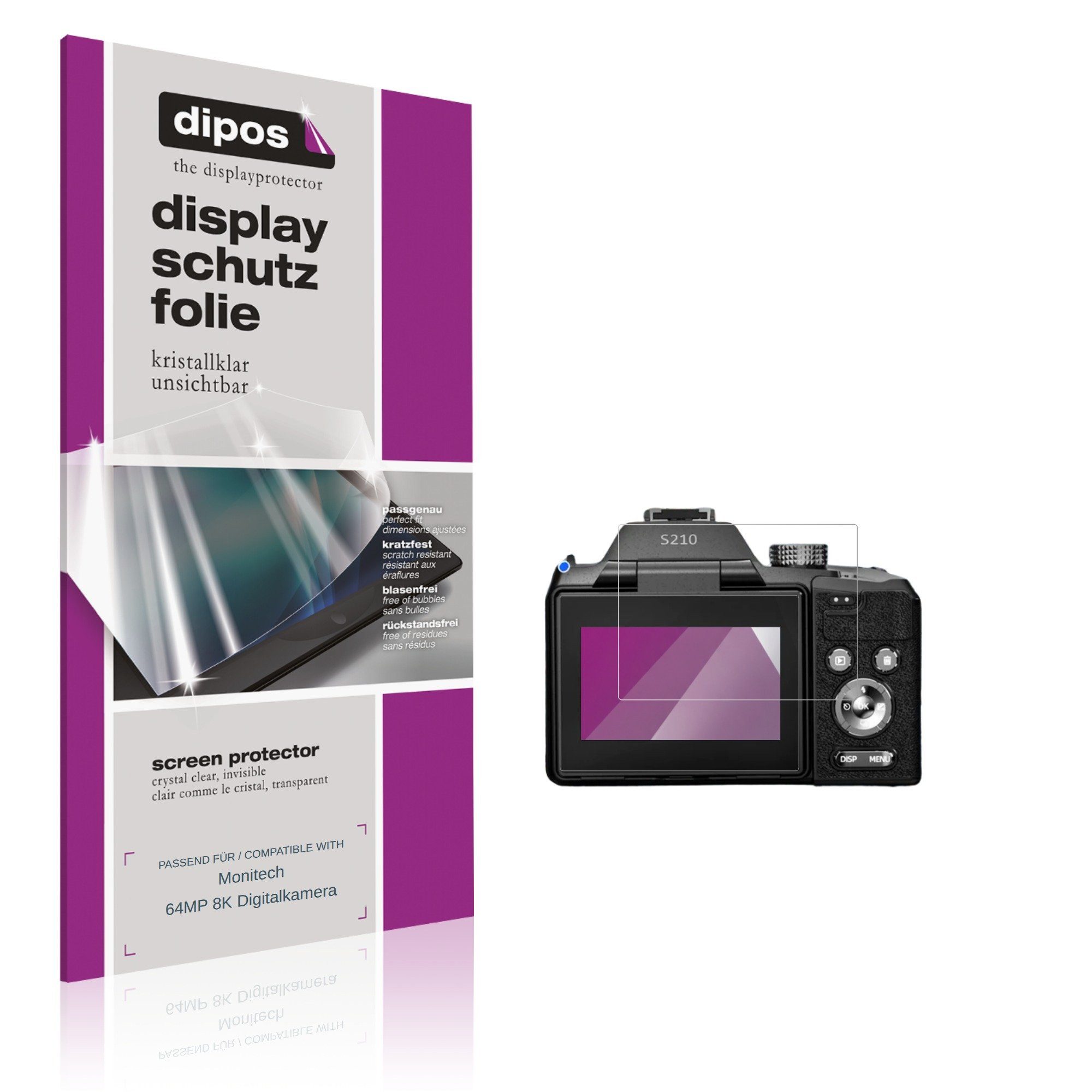 dipos Displayschutzfolie Schutzfolie für Monitech 64MP 8K Digitalkamera, 4 Stück, Displayschutz Schutz Folie Made in Germany