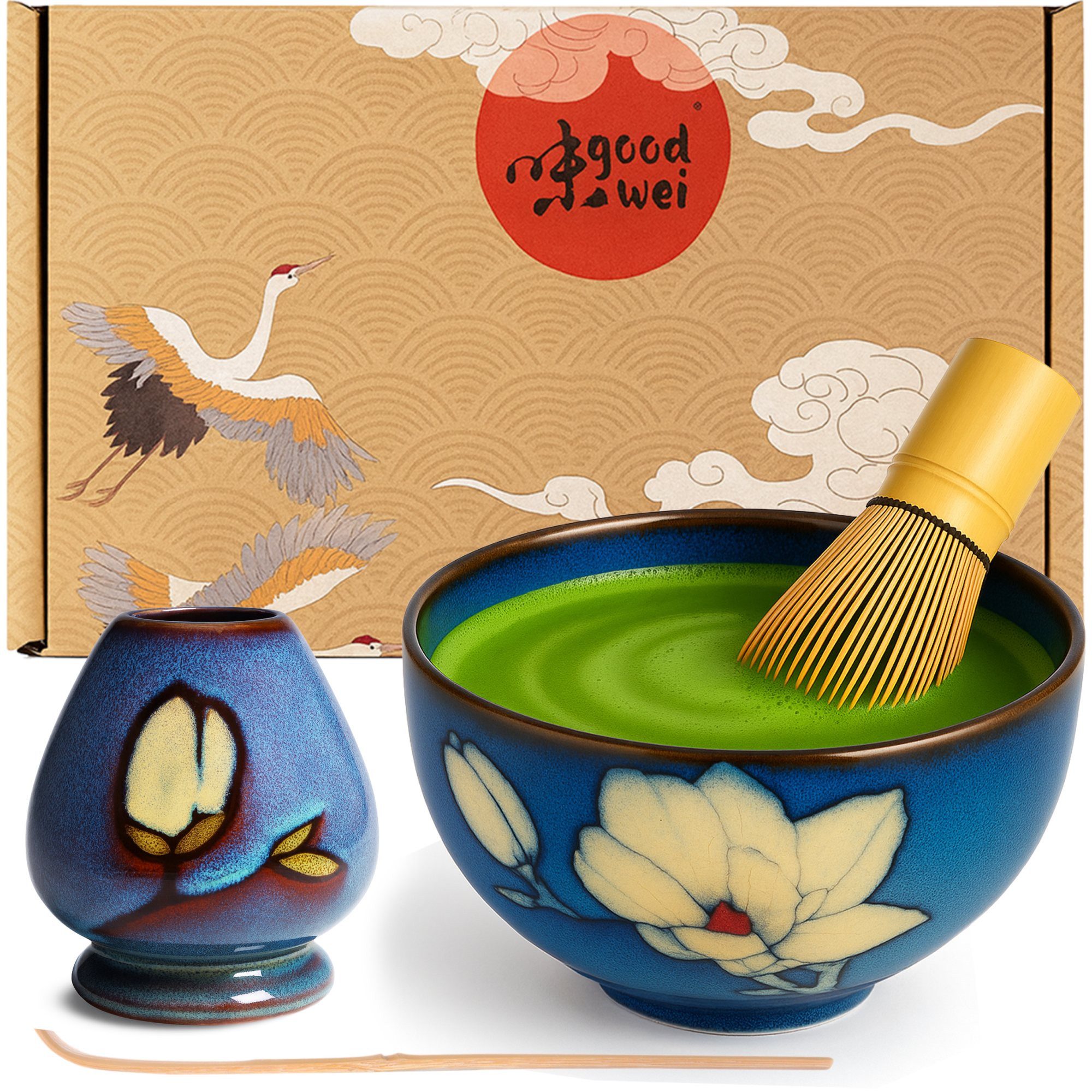 Goodwei Teeschale Matcha Teezeremonie Set "Magnolia" mit Teeschale, Besen und Halter, 4-tlg., Keramik
