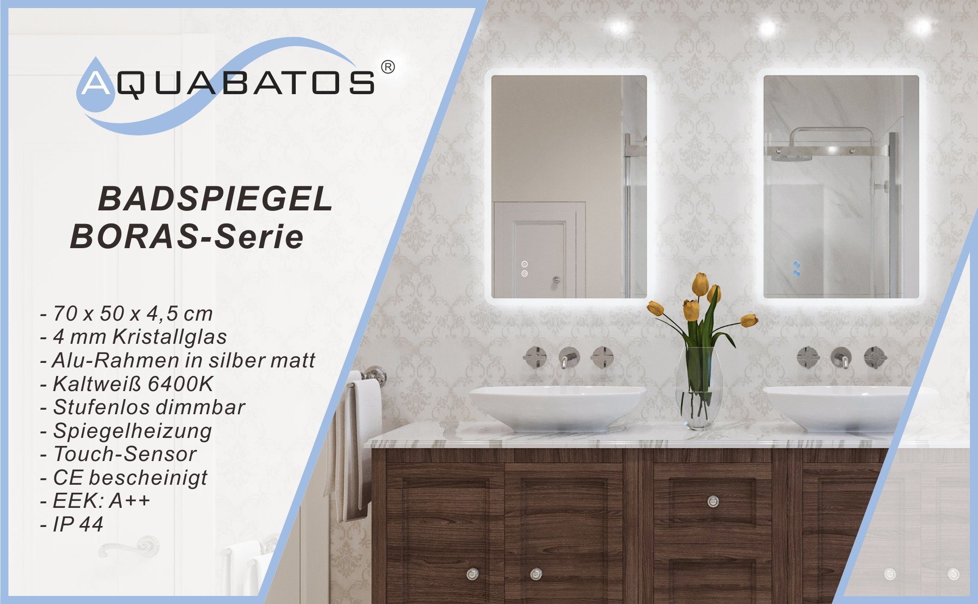 AQUABATOS Badspiegel Badspiegel mit Beleuchtung 6400K, LED Spiegelheizung Wandspiegel Touch Schalter, Kaltweiß Lichtspiegel Dimmbar, (Badezimmerspiegel beleuchtet)