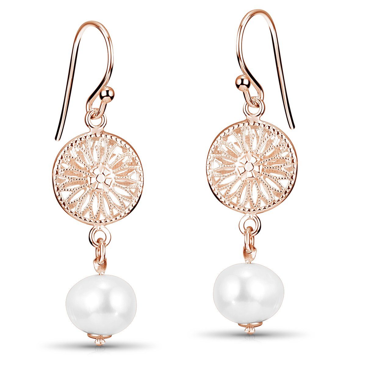 Materia Paar Ohrhänger Rosegold Blumen Ornament mit Perlen SO-305, aus 925 Sterling Silber, vergoldet