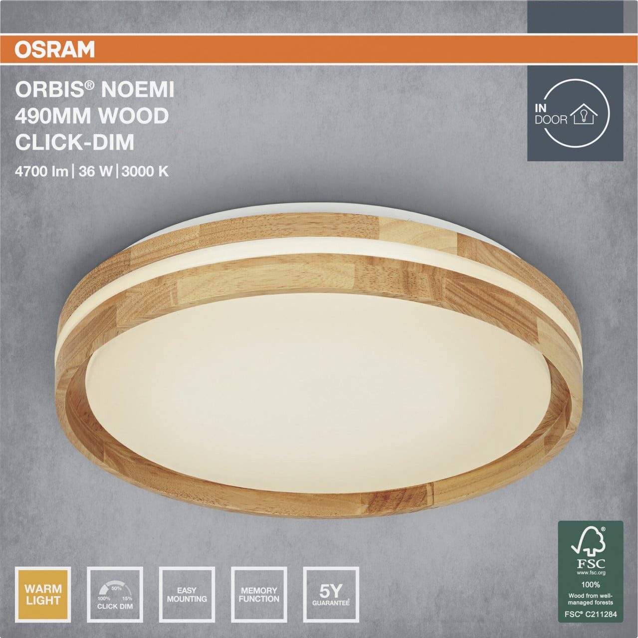 Osram Deckenleuchte Osram LED-Deckenleuchte Orbis Noemi Wood Ø49 cm 36