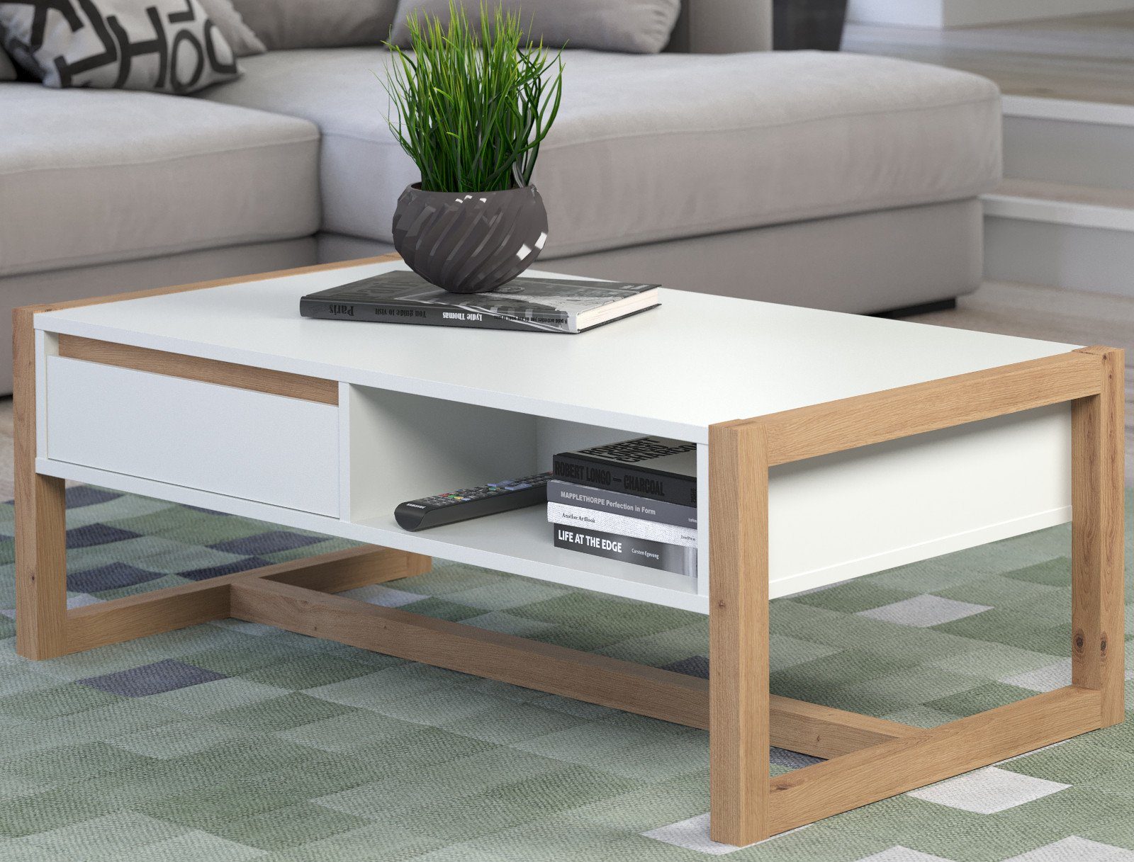 mit Design (Industrial Schubladen x Dakota cm, trendteam 55 110 mit x Eiche, cm), weiß 55 Artisan Couchtisch 110