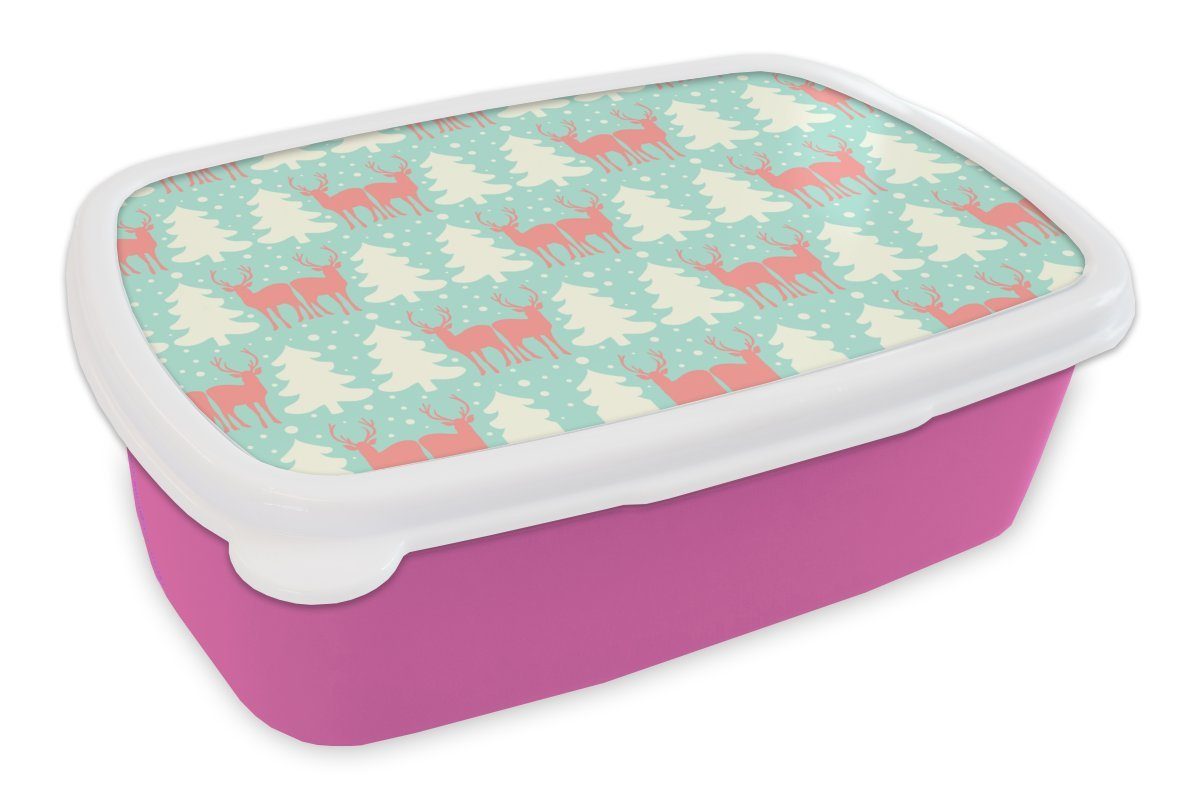 MuchoWow Lunchbox Hirsche - Muster - Rosa, Kunststoff, (2-tlg), Brotbox für Erwachsene, Brotdose Kinder, Snackbox, Mädchen, Kunststoff