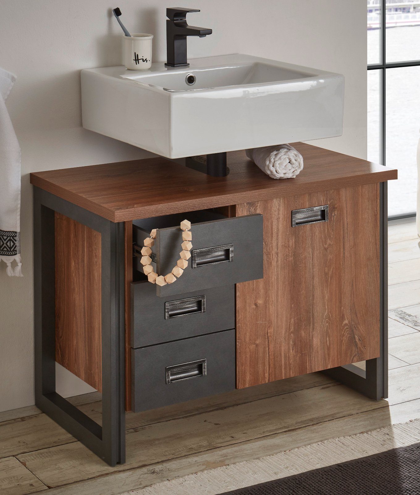 Furn.Design Waschbeckenunterschrank Auburn (Waschtisch in Sterling Eiche mit grau, Breite 80 cm) Industrial Design