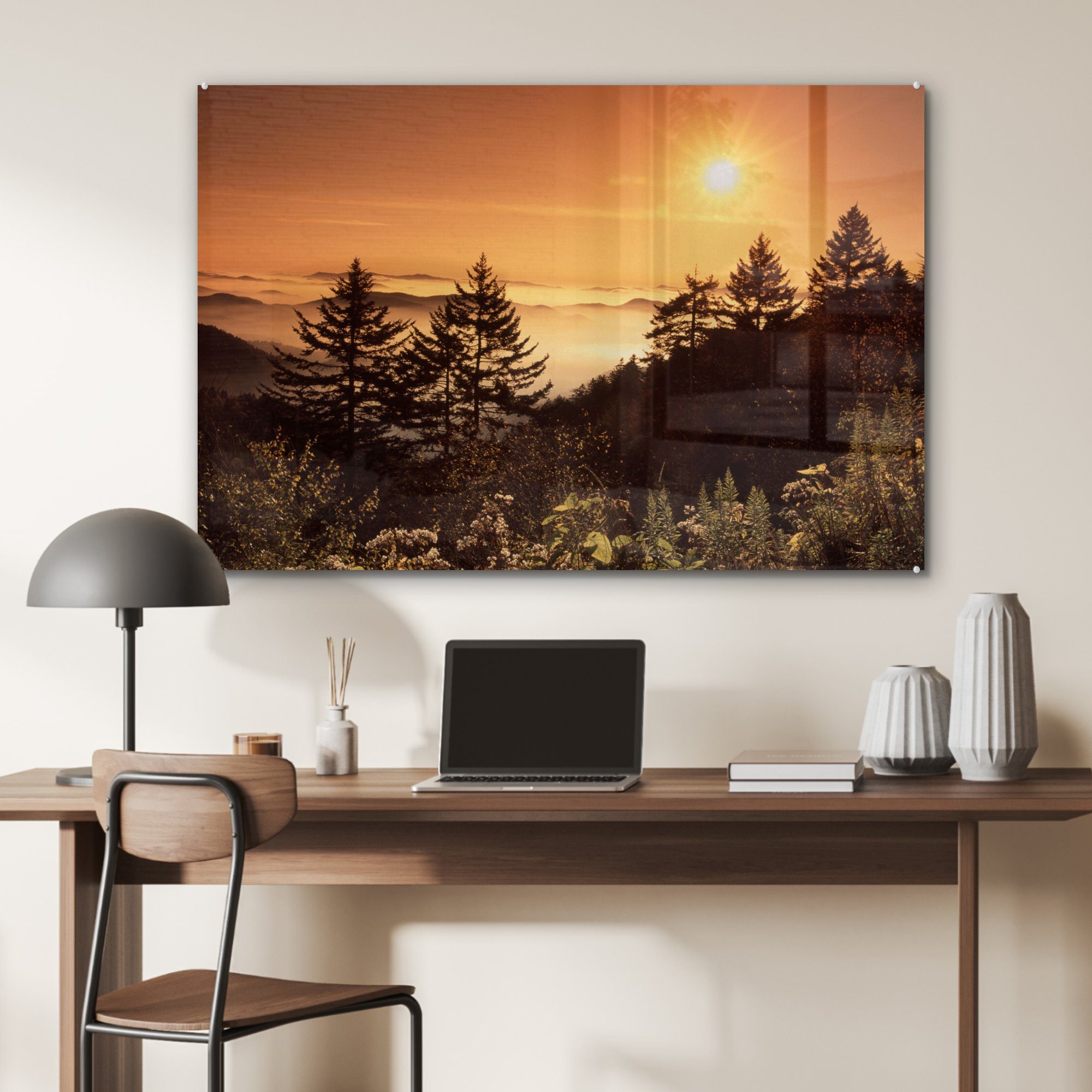 Berg Acrylglasbild Sonne - (1 Schlafzimmer Bäume Acrylglasbilder - Wohnzimmer St), Horizont, & - MuchoWow