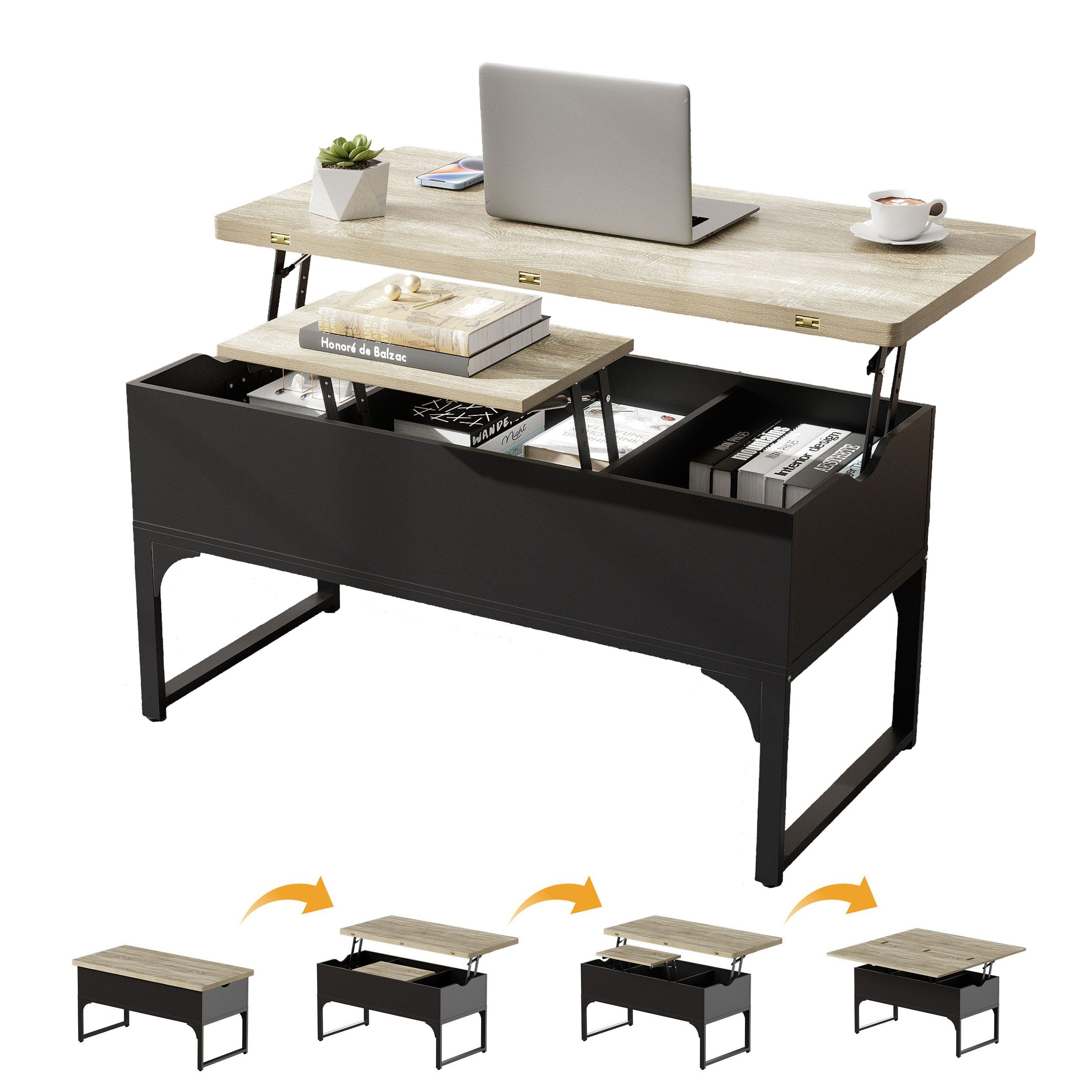 TWSOUL Couchtisch Höhenverstellbarer Couchtisch mit Stauraum – Liftfunktion, stabil, ideal für Wohnzimmer, 100 cm * 50 cm * (48,5-61,5 cm)