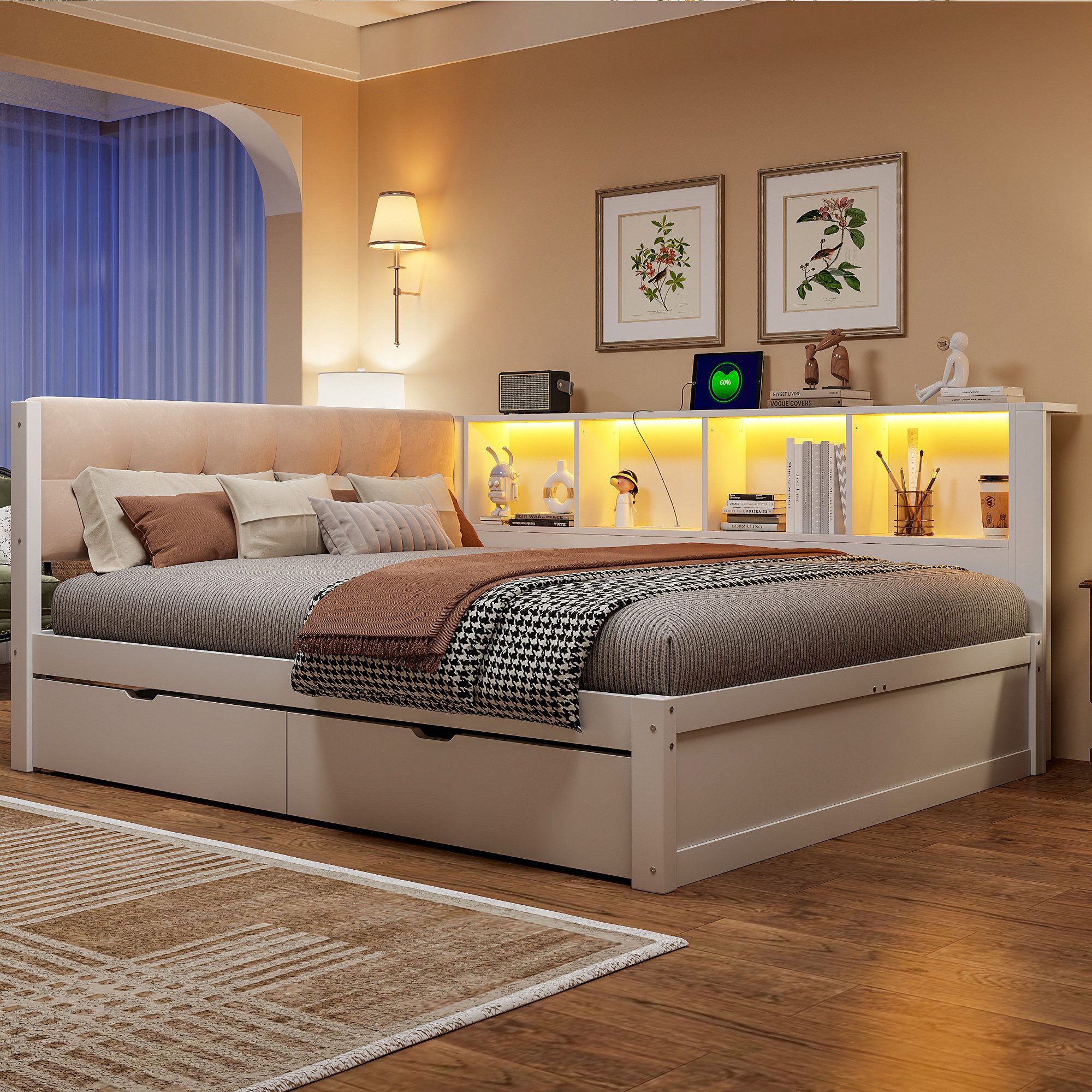 Merax Daybett mit LED-Beleuchtung & USB Anschluss (Jugendbett Schlafsofa Sofabett Kinderbett mit gepolstertem Kopfteil, 1 tlg), Kiefernholz Tagesbett 140x200 cm mit Schubladen, Regal & Stauraum