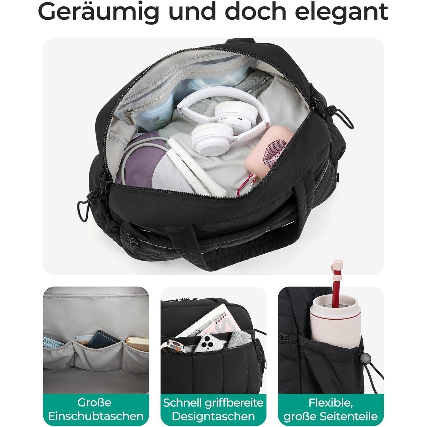 LuxusKollektion Weekender Puffer Reisetasche Damen 24l Weekender Wasserabweisend Schwarz